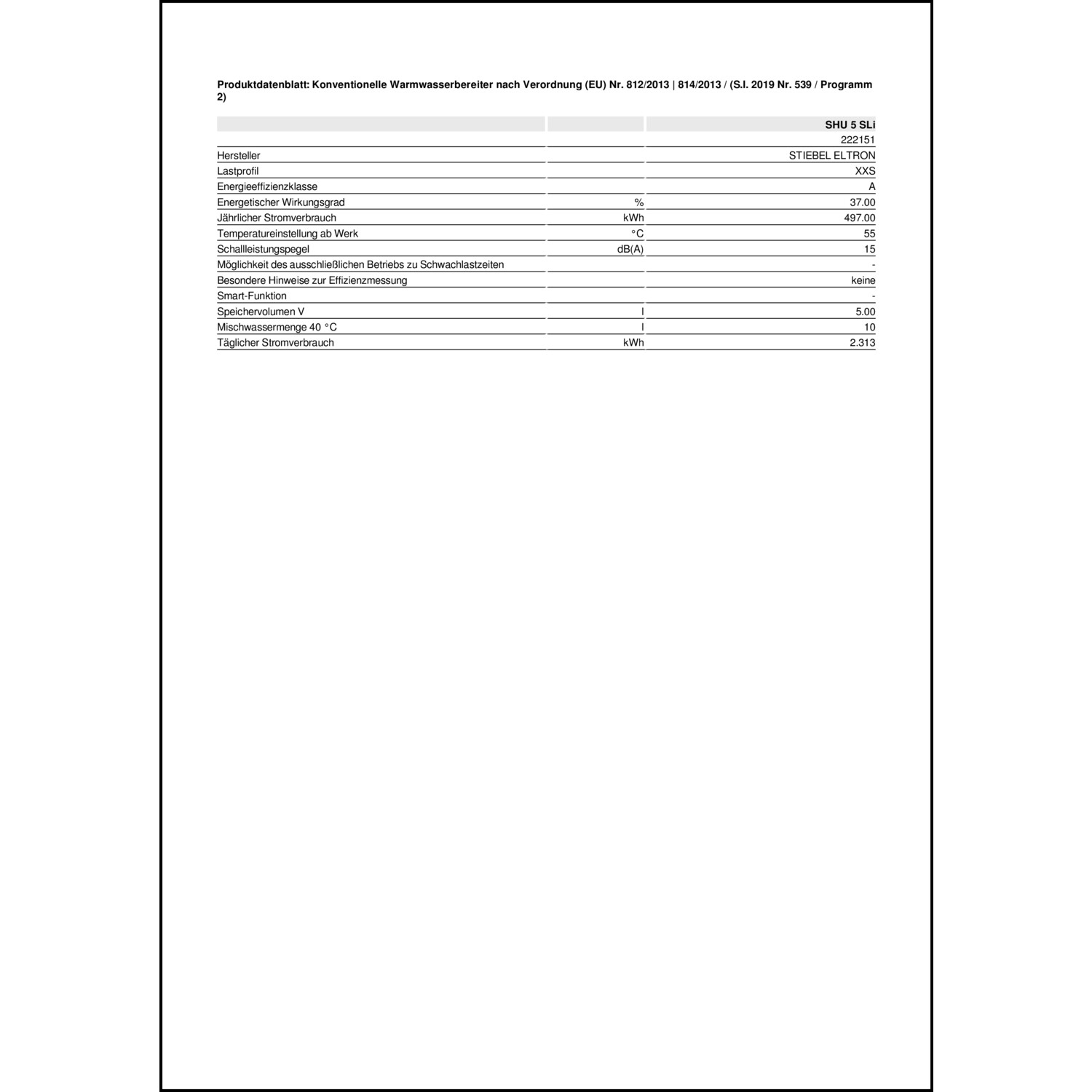 Produktdatenblatt für Energielabel