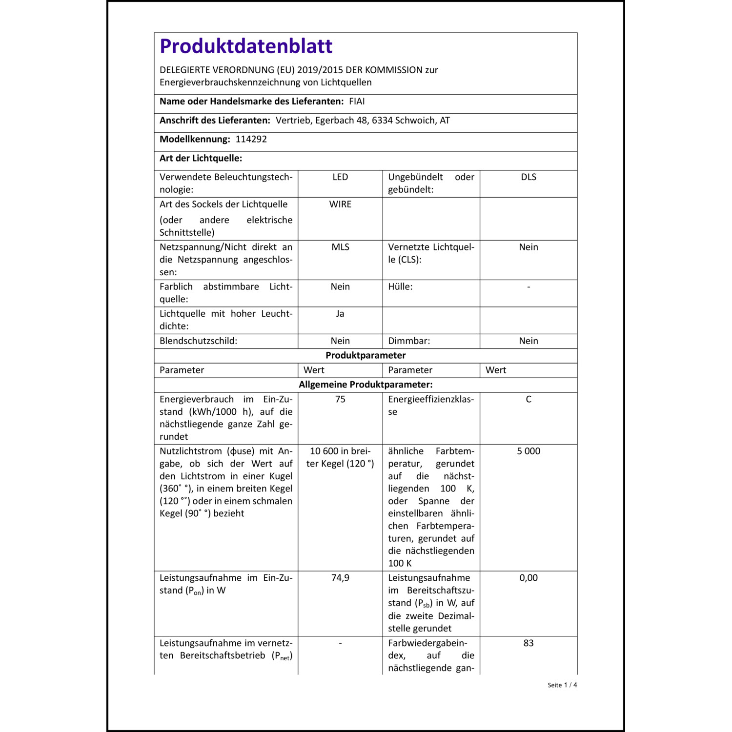 Produktdatenblatt für Energielabel