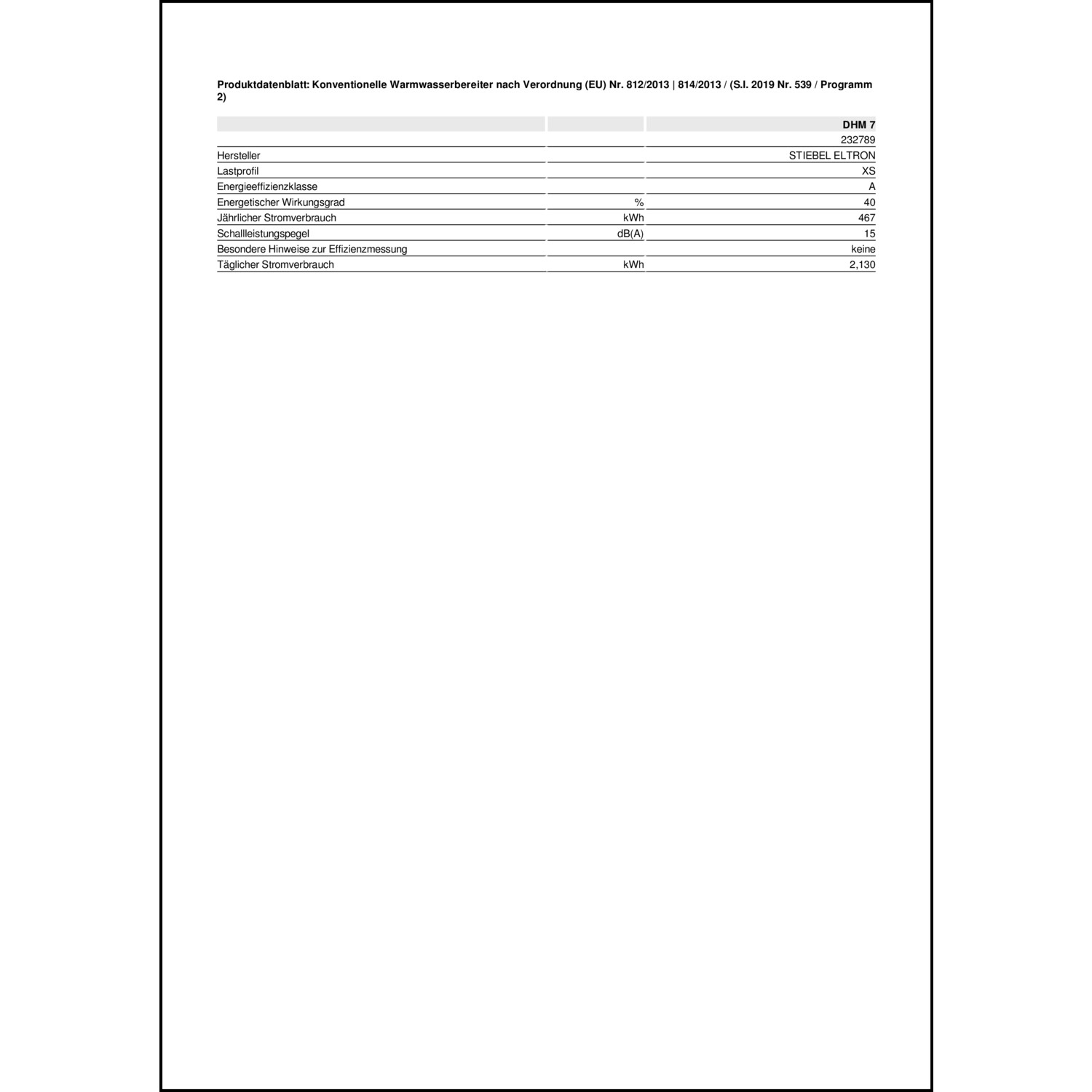 Produktdatenblatt für Energielabel