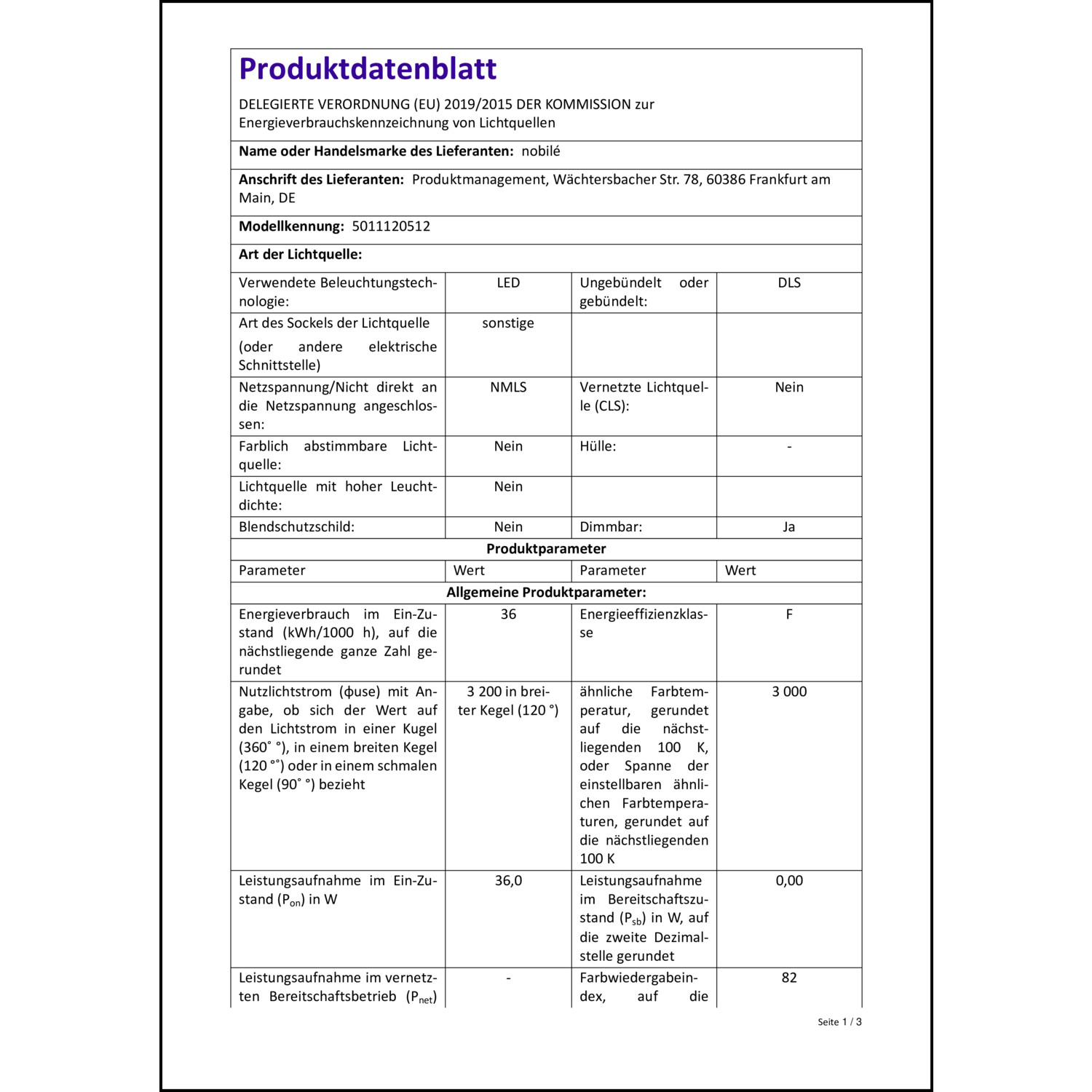 Produktdatenblatt für Energielabel