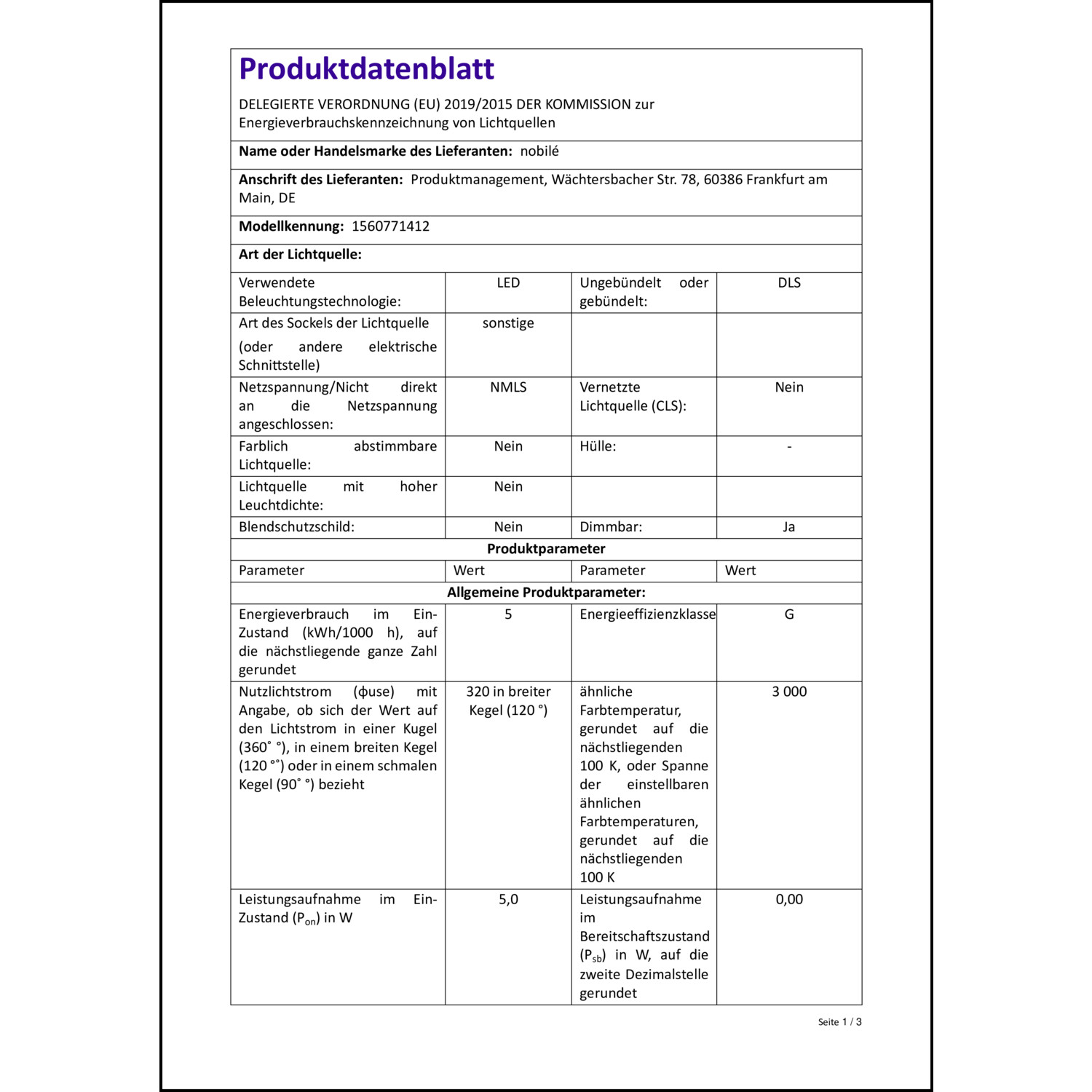 Produktdatenblatt für Energielabel
