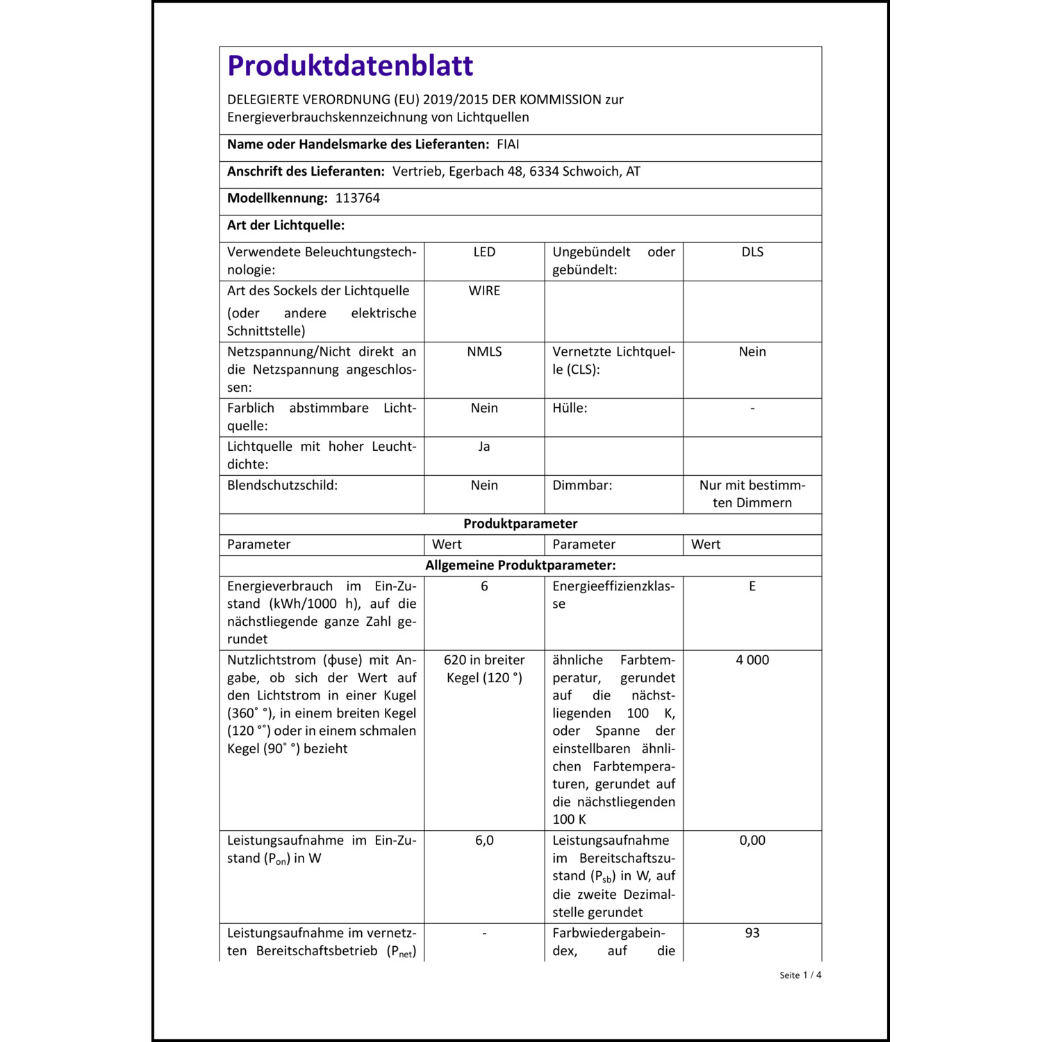 Produktdatenblatt für Energielabel