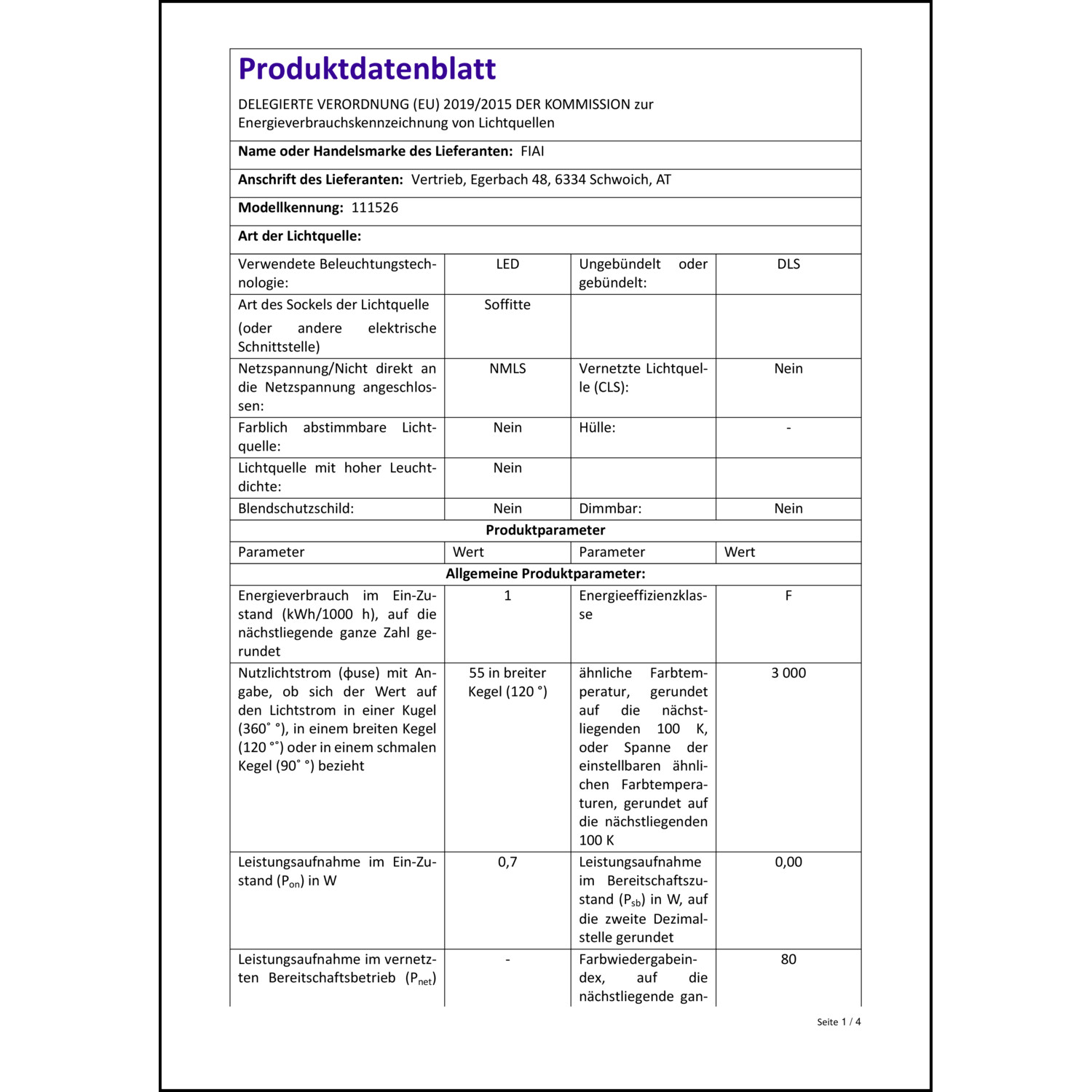 Produktdatenblatt für Energielabel
