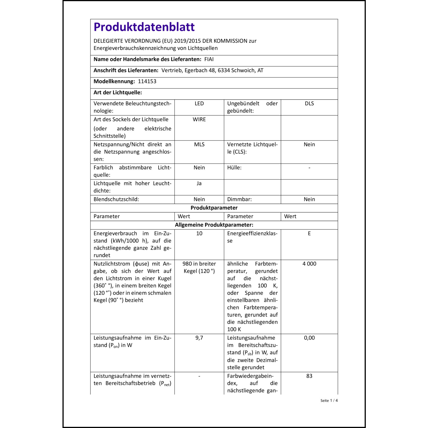Produktdatenblatt für Energielabel