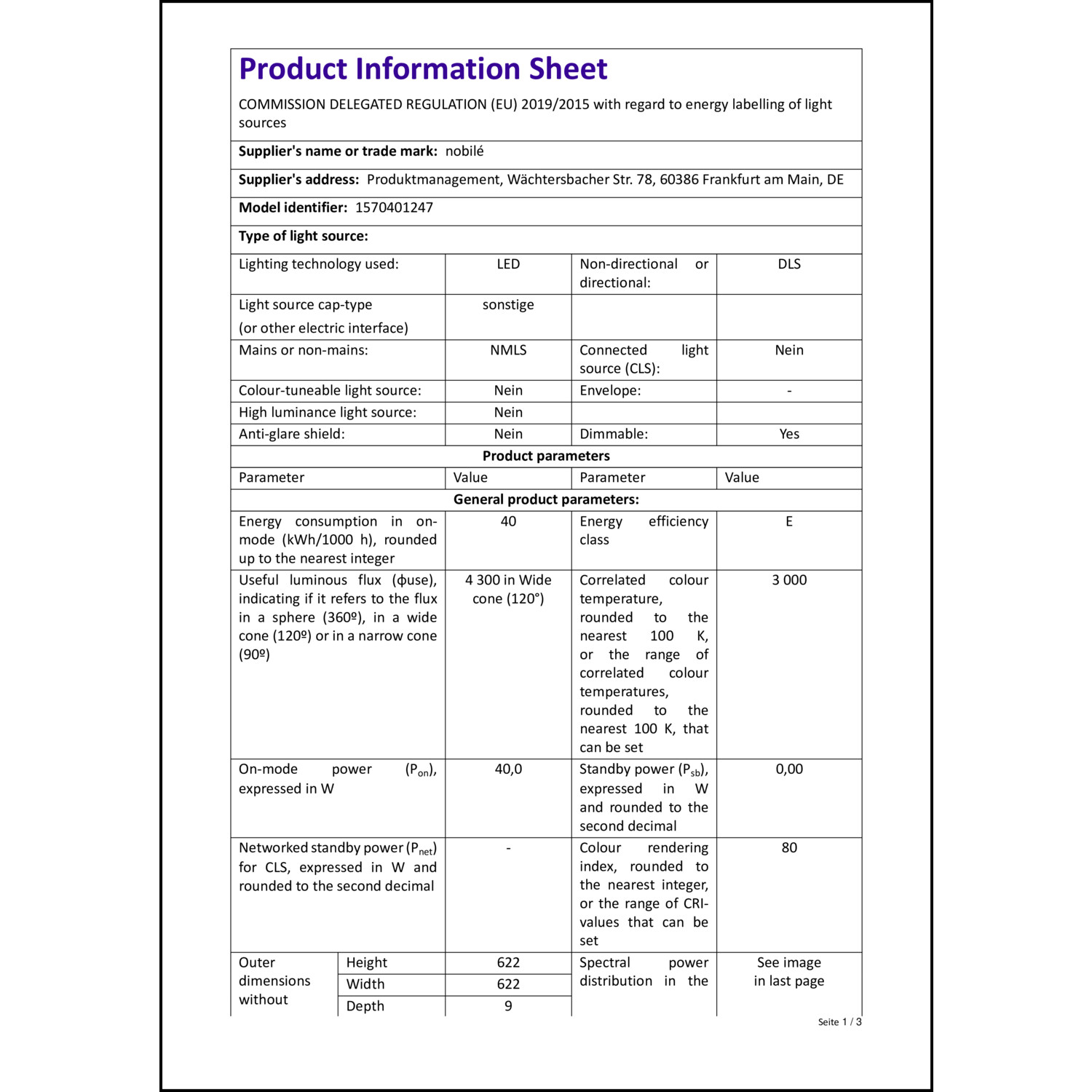 Produktdatenblatt für Energielabel