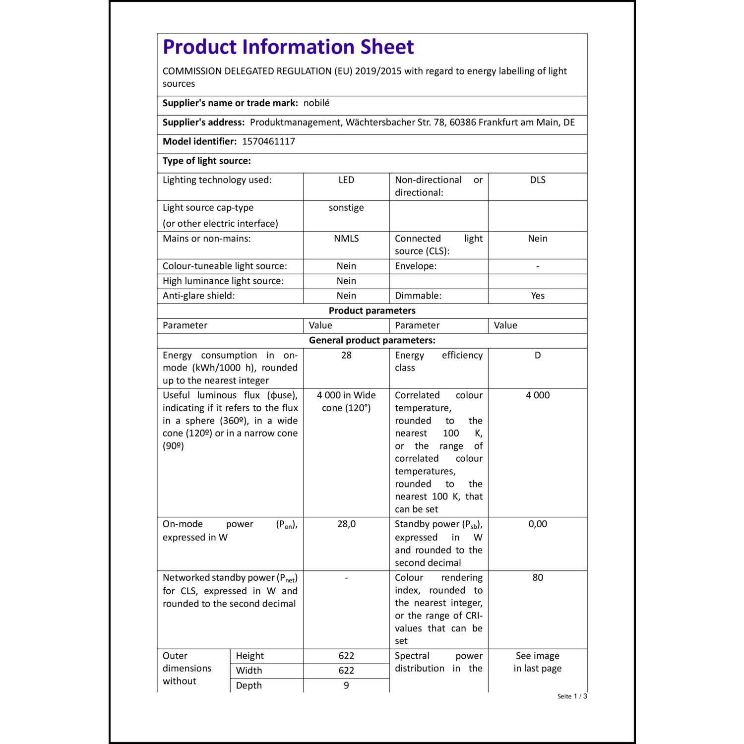 Produktdatenblatt für Energielabel