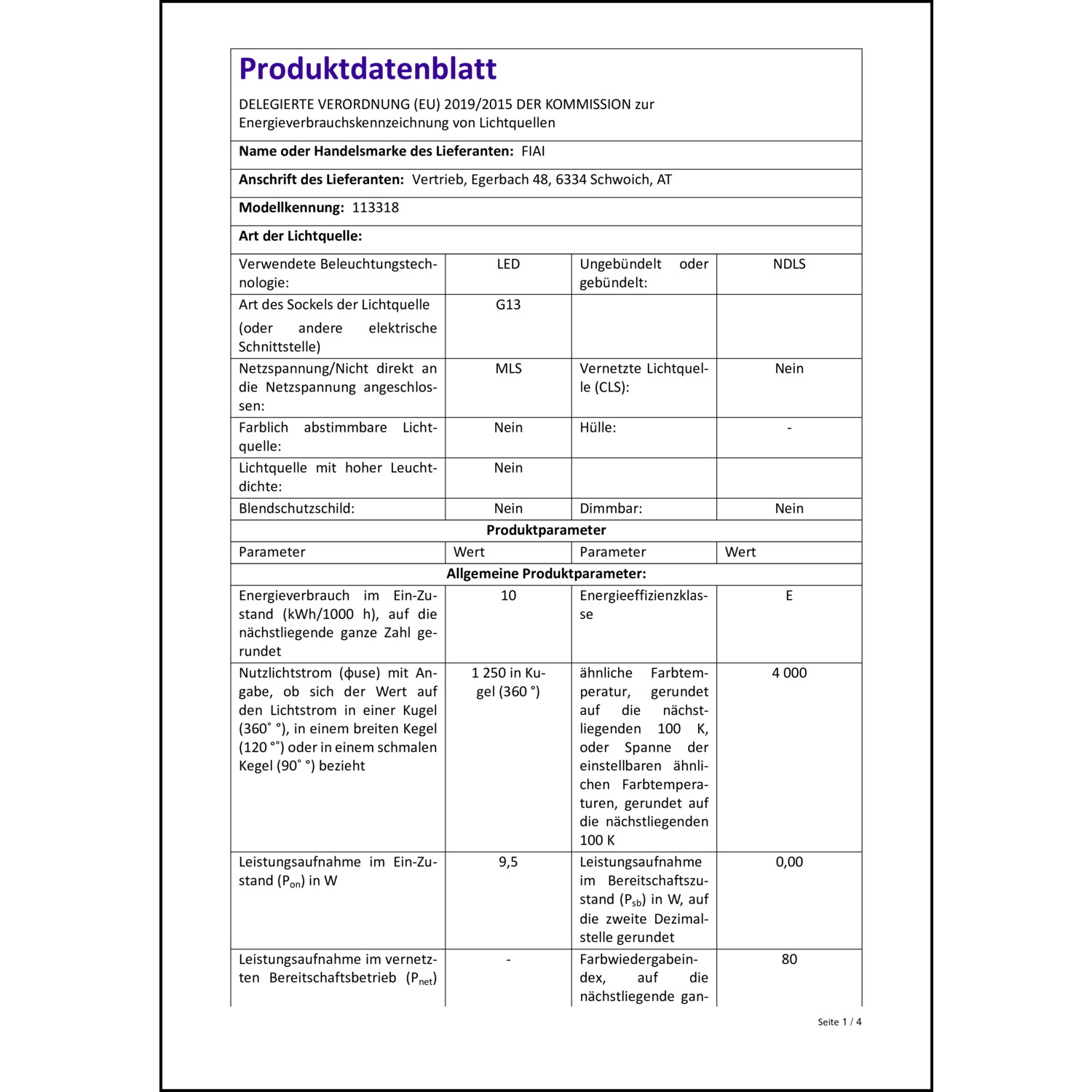 Produktdatenblatt für Energielabel