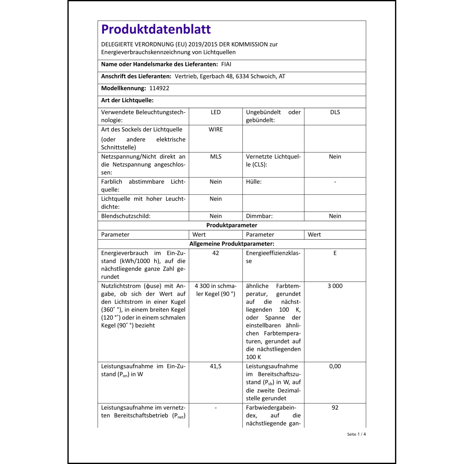 Produktdatenblatt für Energielabel