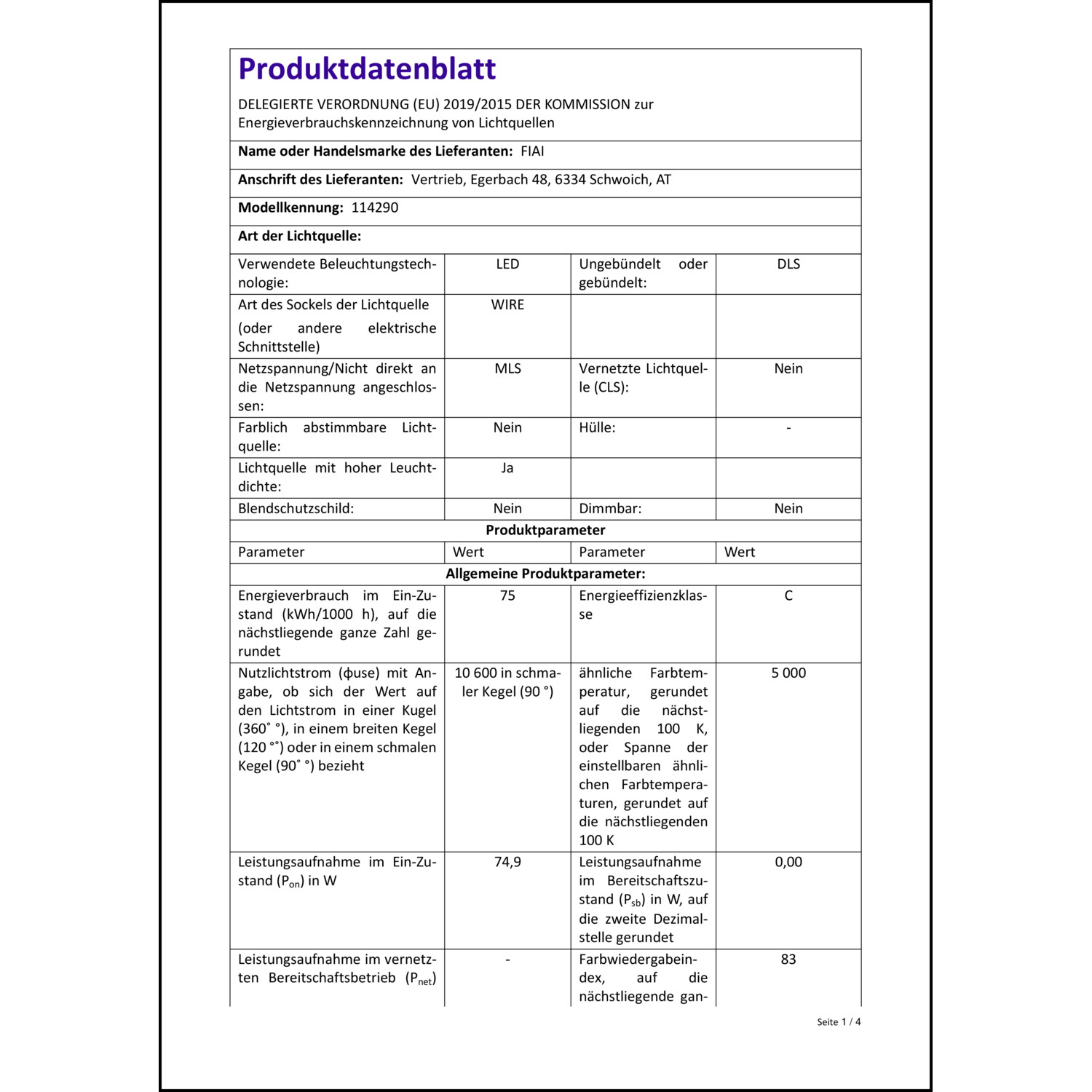 Produktdatenblatt für Energielabel