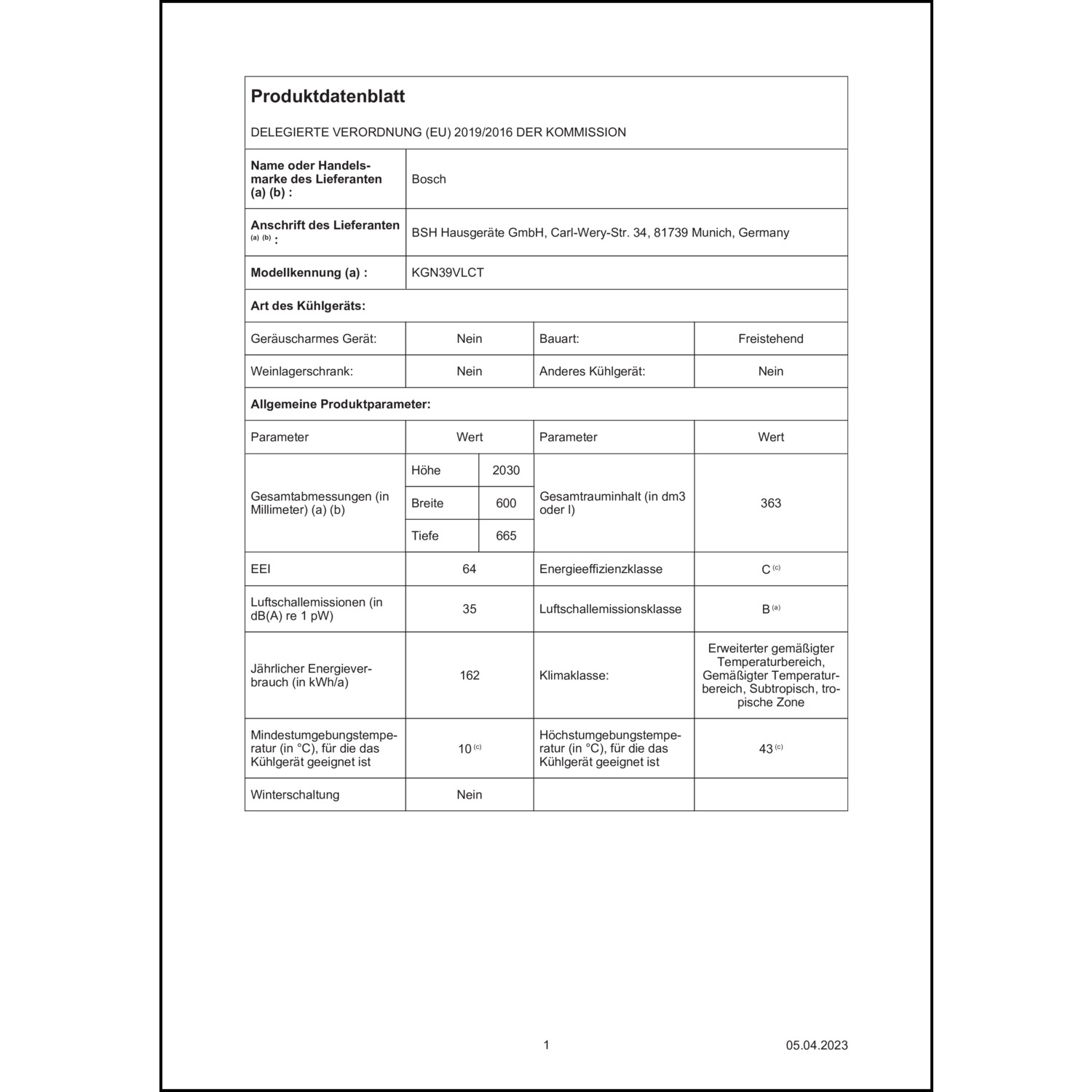 Produktdatenblatt für Energielabel