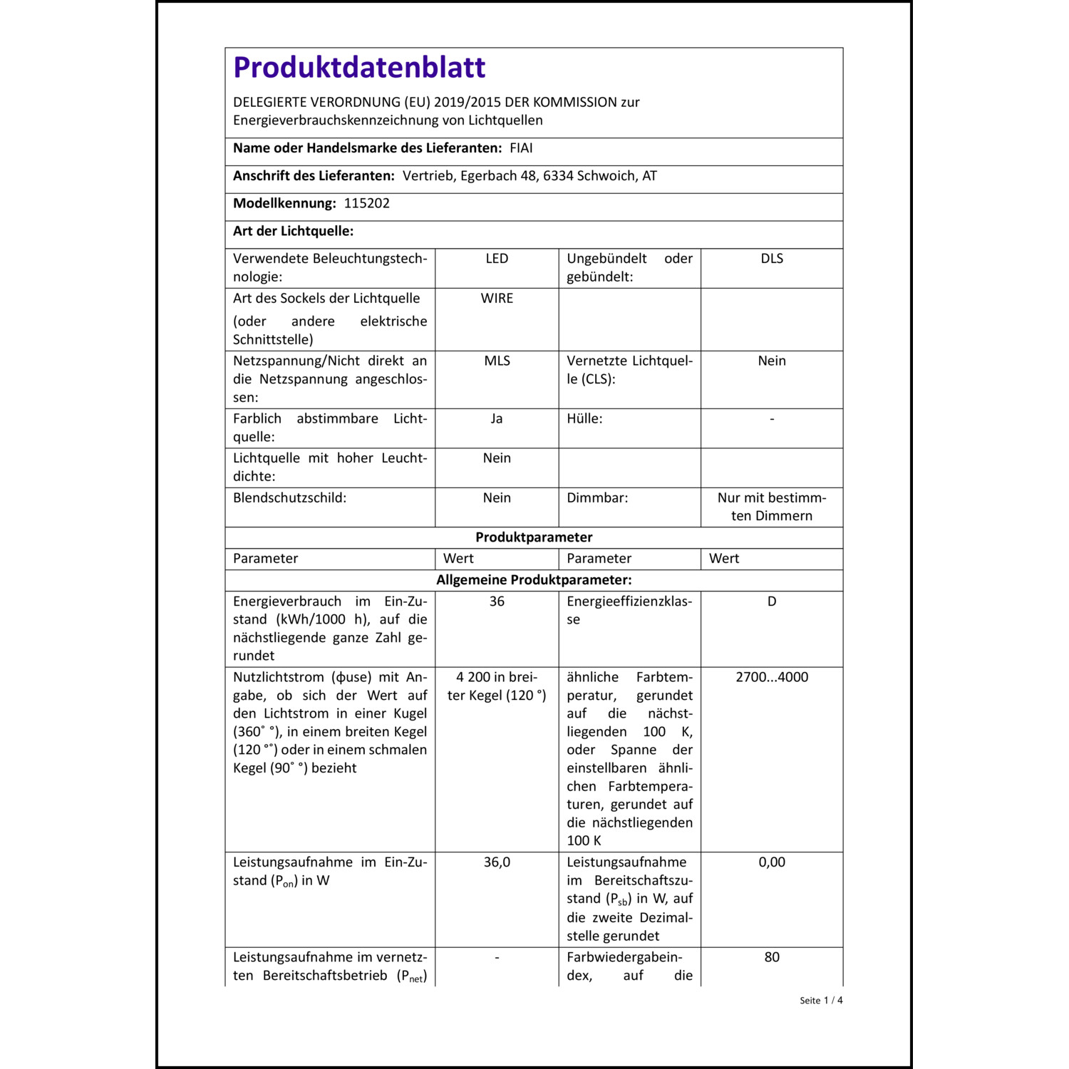 Produktdatenblatt für Energielabel