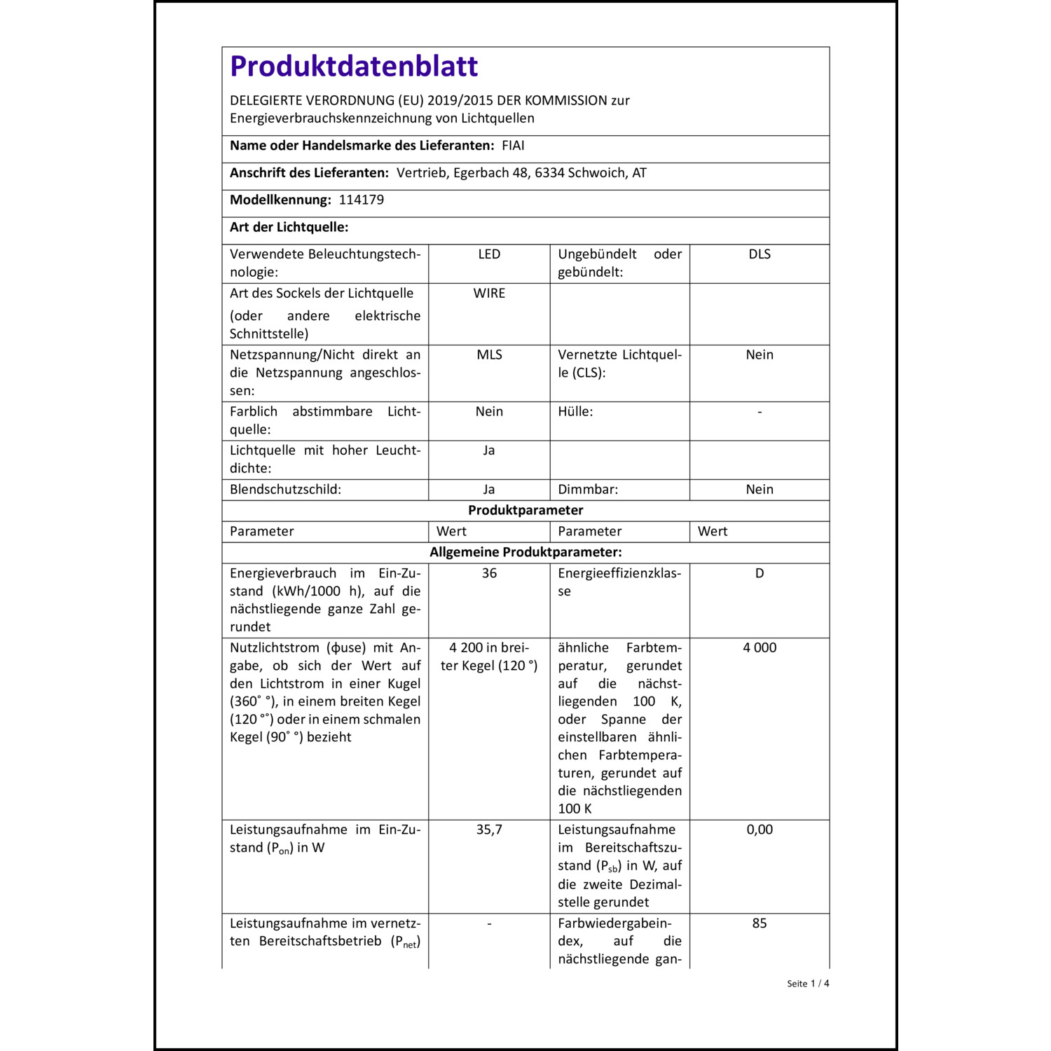 Produktdatenblatt für Energielabel
