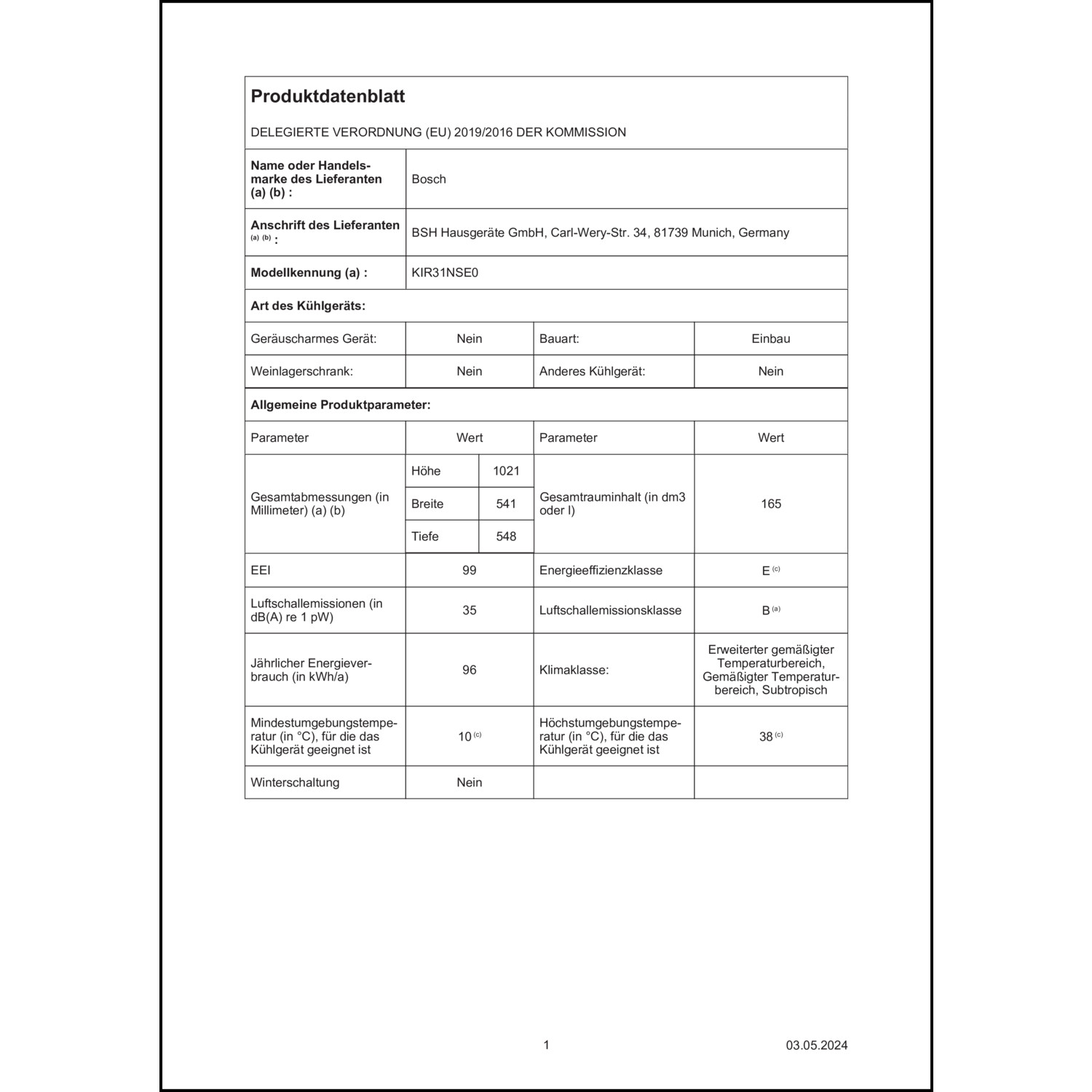 Produktdatenblatt für Energielabel