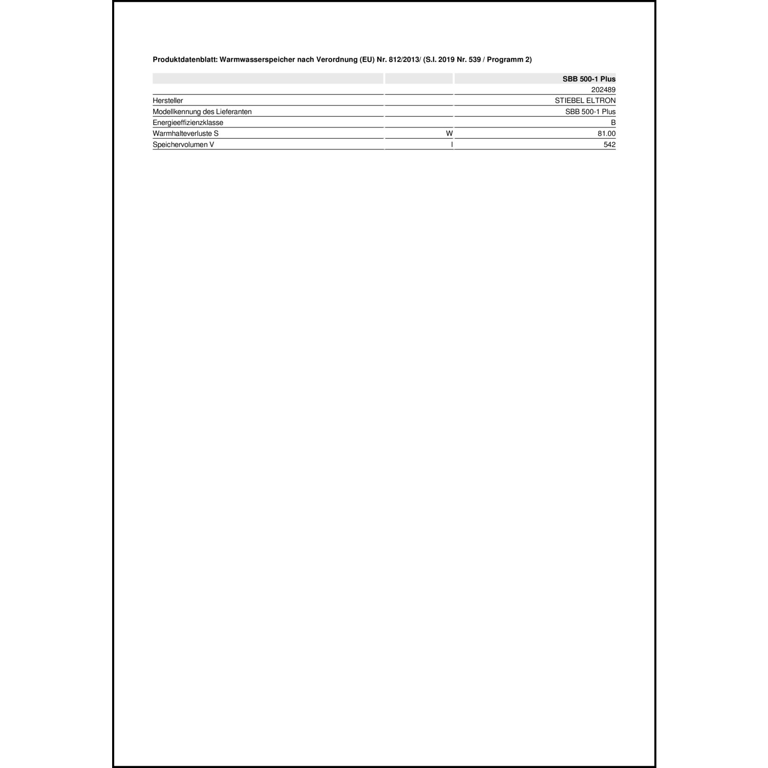 Produktdatenblatt für Energielabel