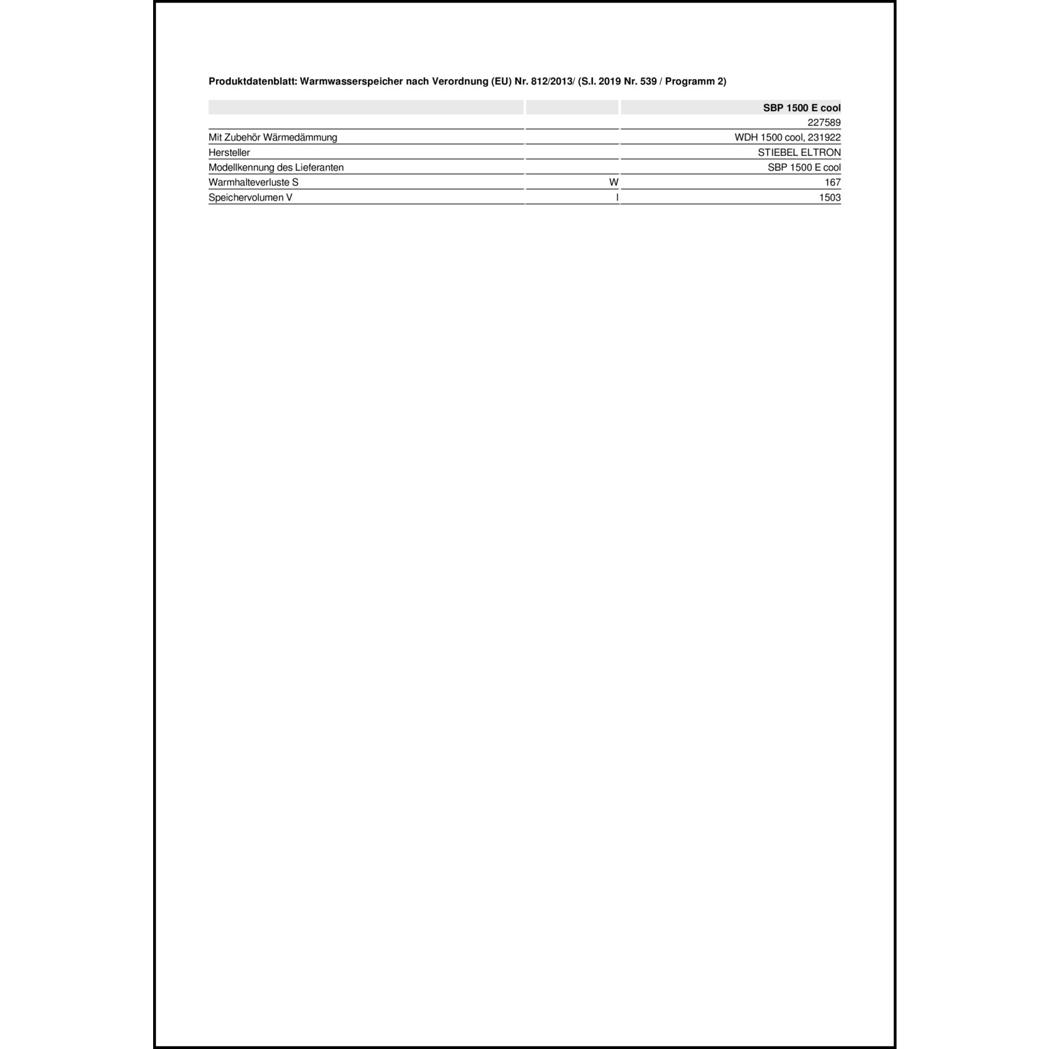 Produktdatenblatt für Energielabel