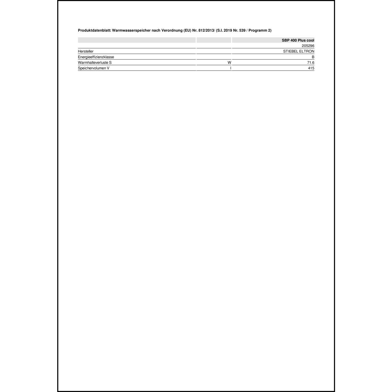 Produktdatenblatt für Energielabel