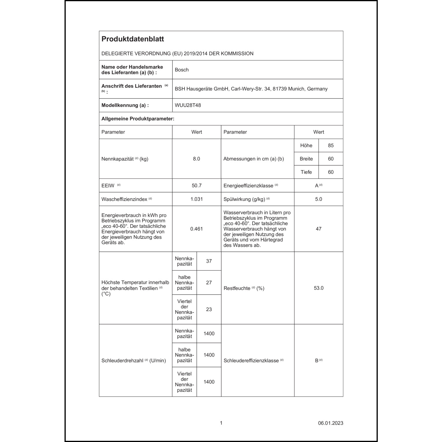 Produktdatenblatt für Energielabel