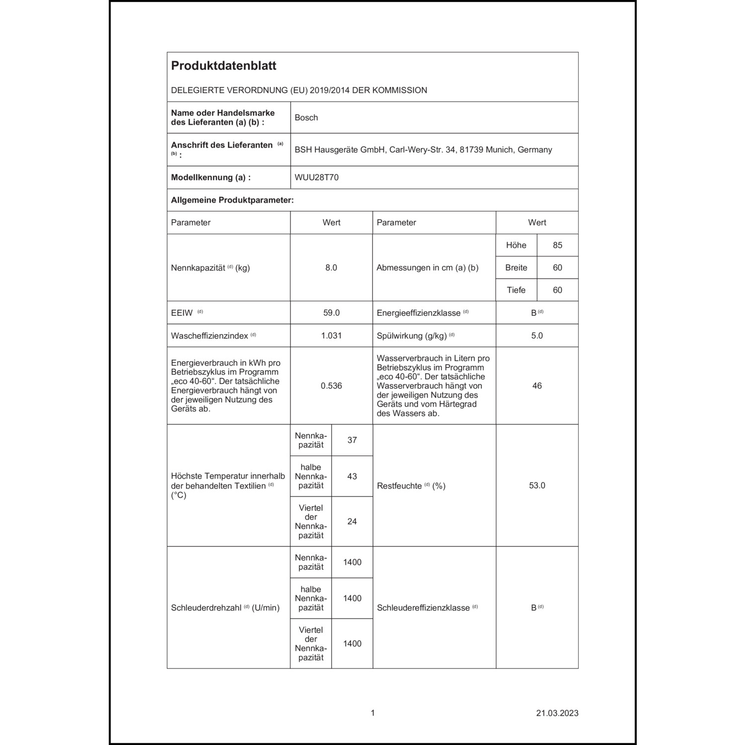 Produktdatenblatt für Energielabel