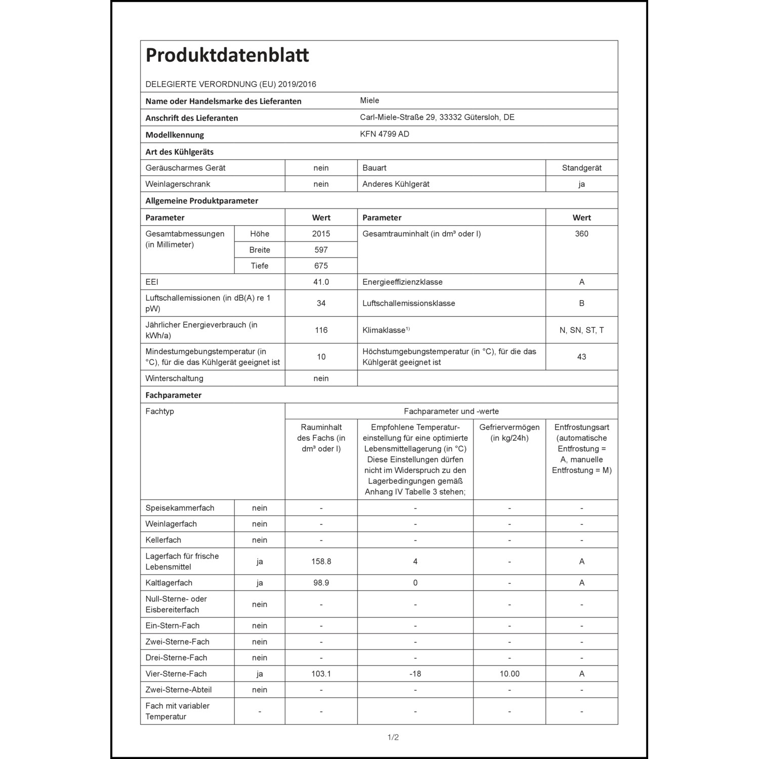 Produktdatenblatt für Energielabel