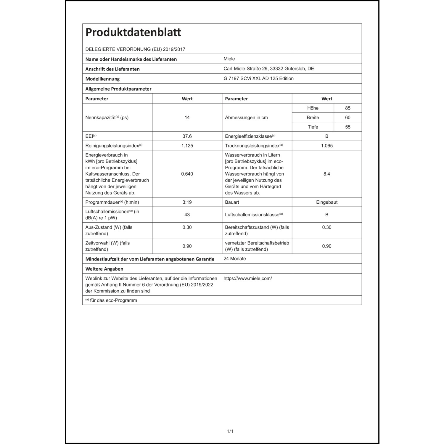 Produktdatenblatt für Energielabel