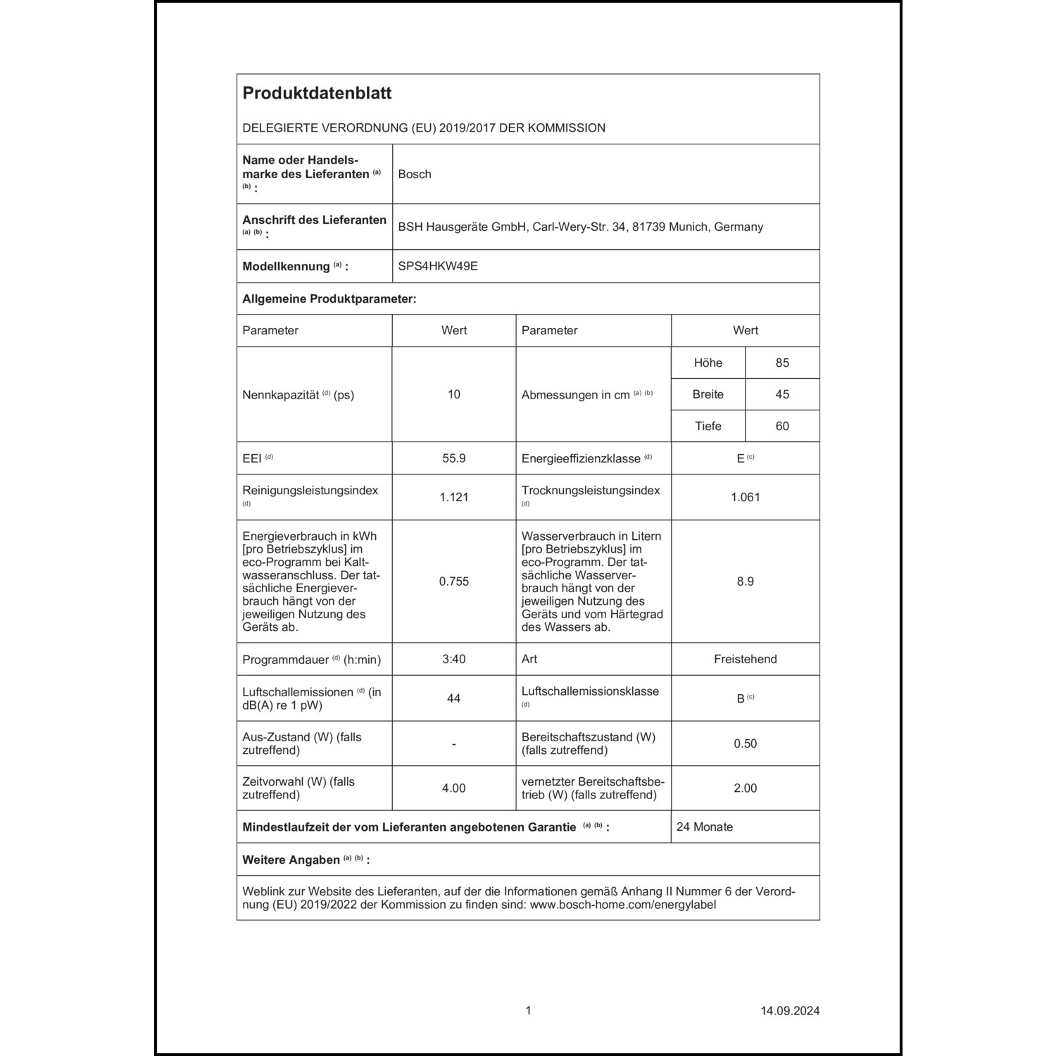 Produktdatenblatt für Energielabel