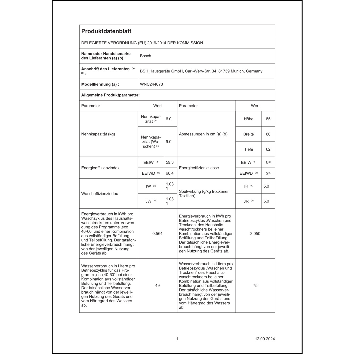 Produktdatenblatt für Energielabel