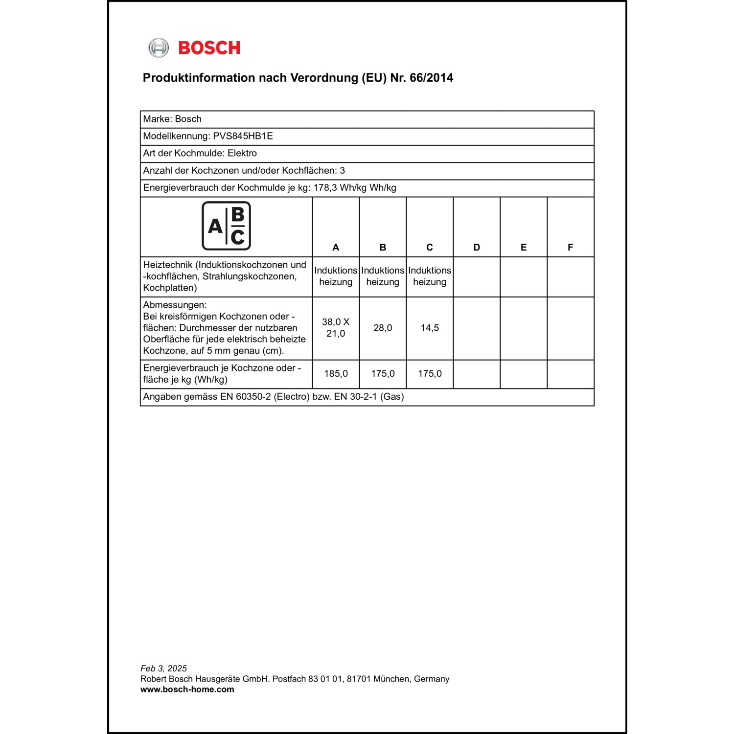 Produktdatenblatt für Energielabel