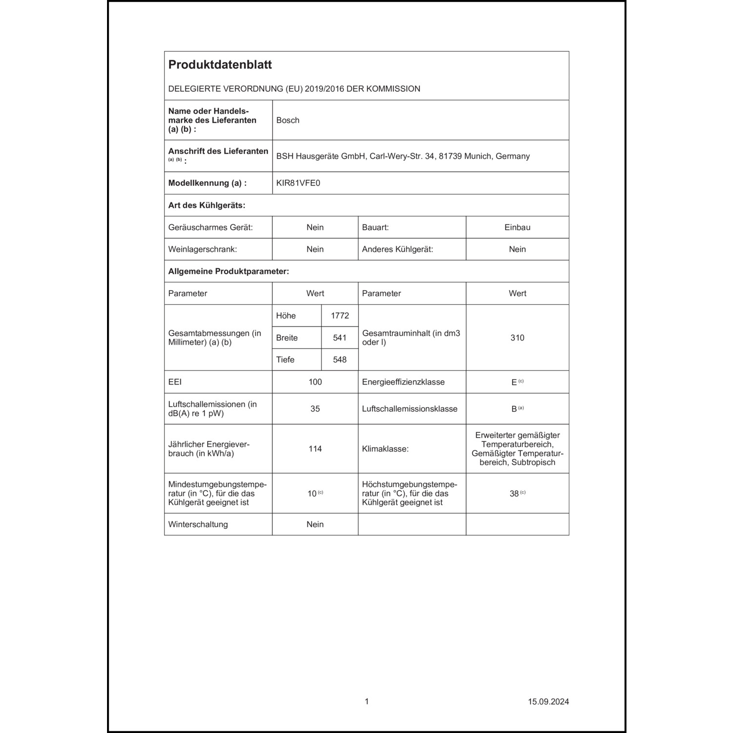 Produktdatenblatt für Energielabel