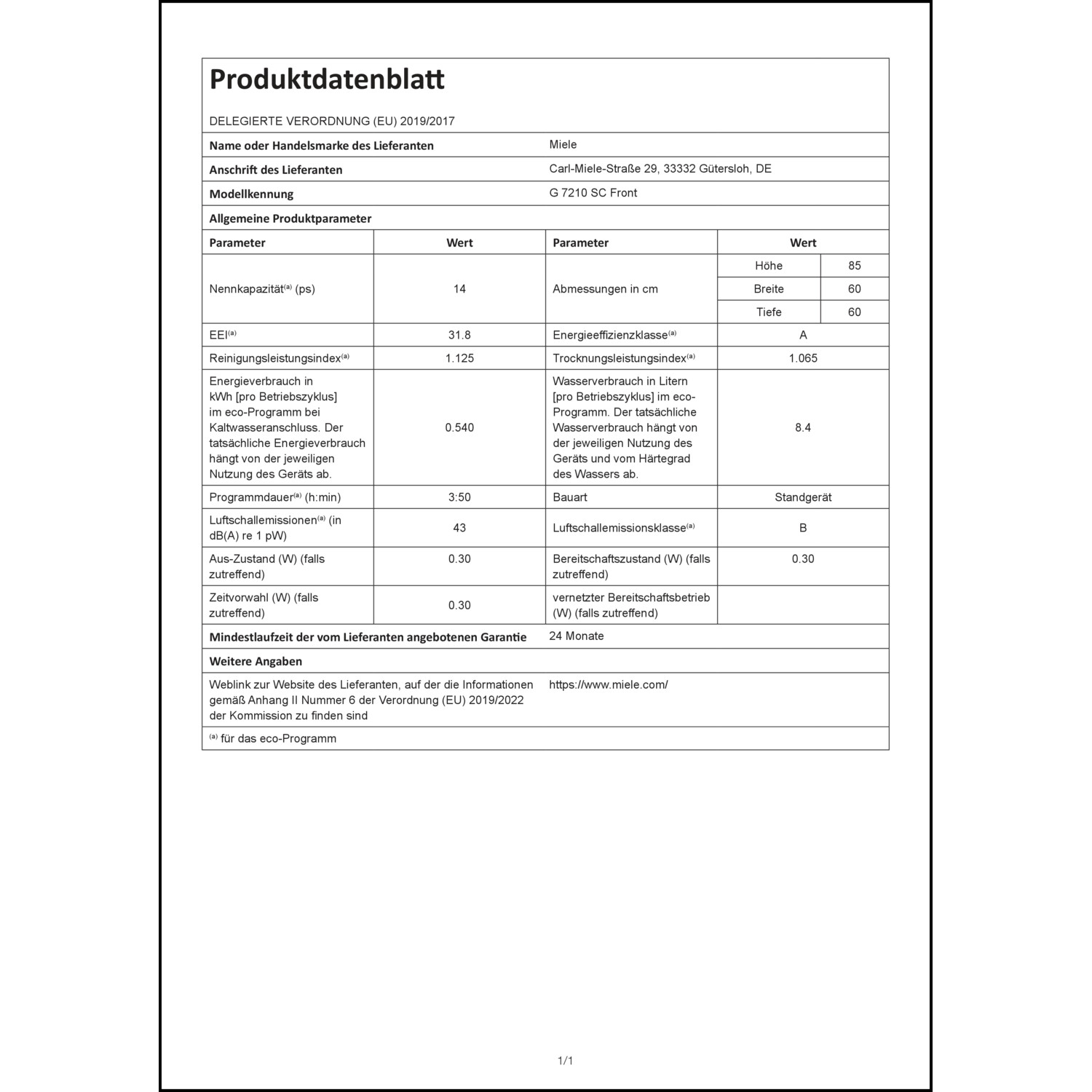 Produktdatenblatt für Energielabel