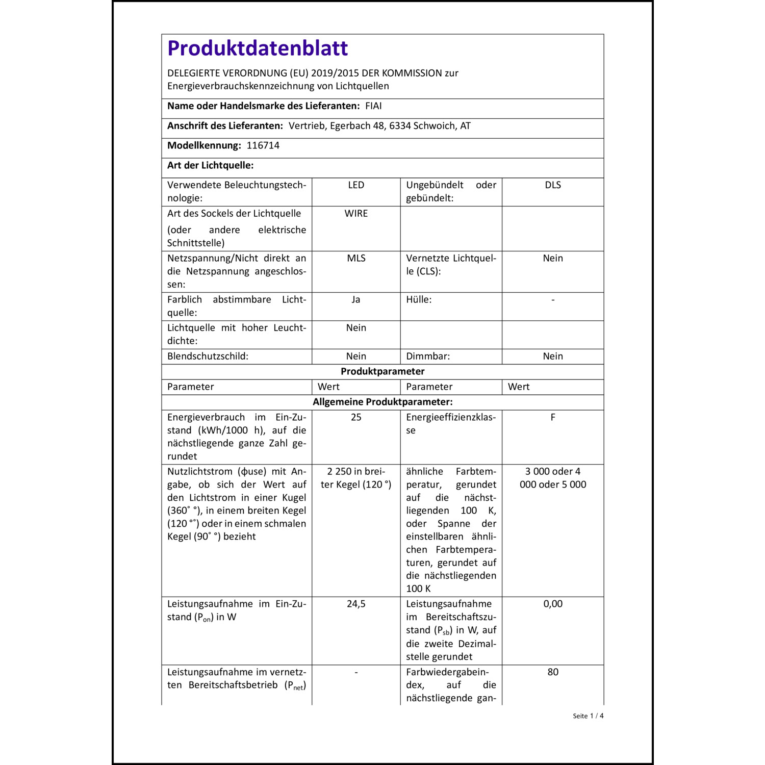 Produktdatenblatt für Energielabel