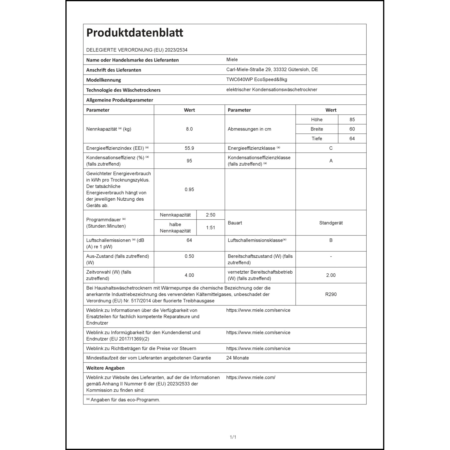 Produktdatenblatt für Energielabel