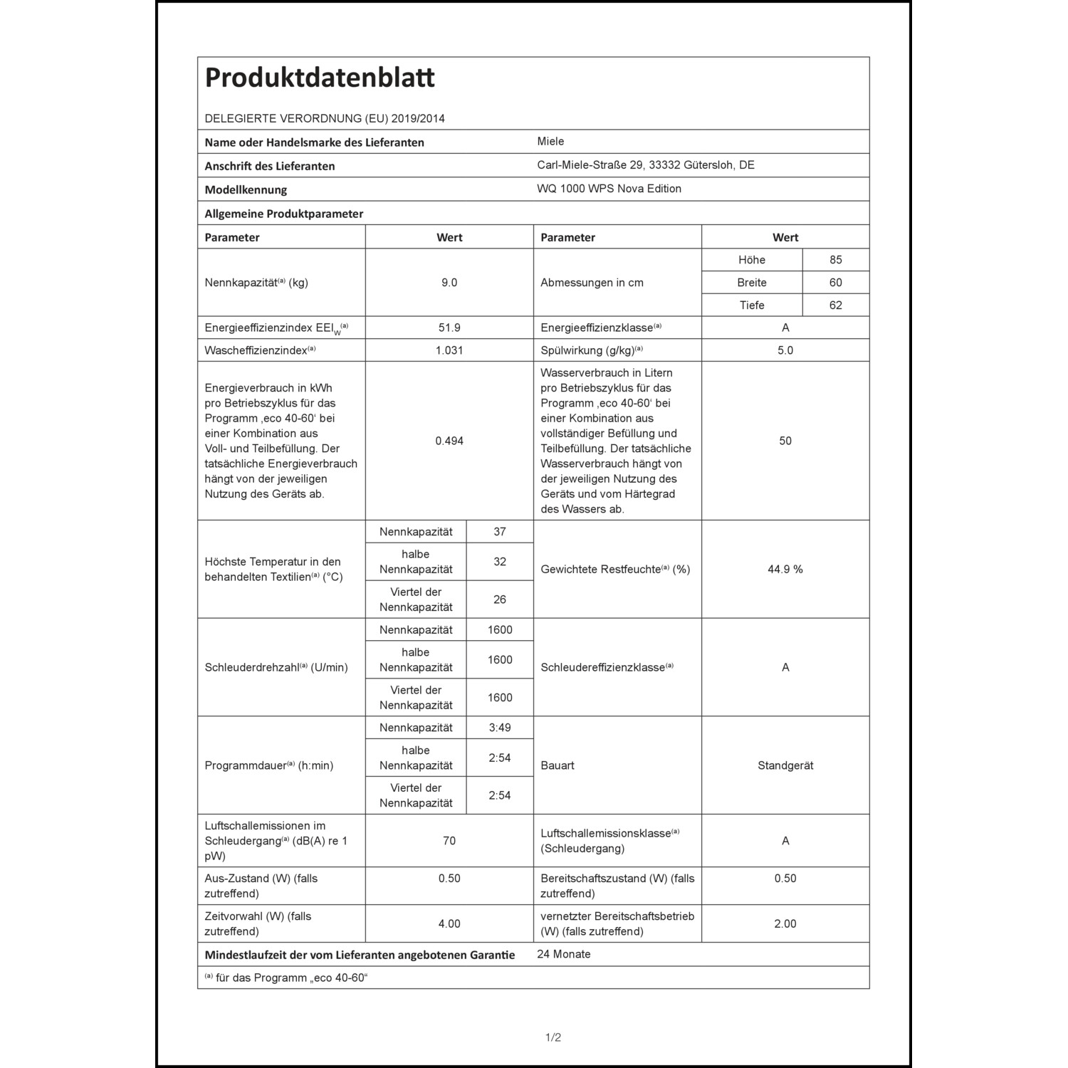 Produktdatenblatt für Energielabel