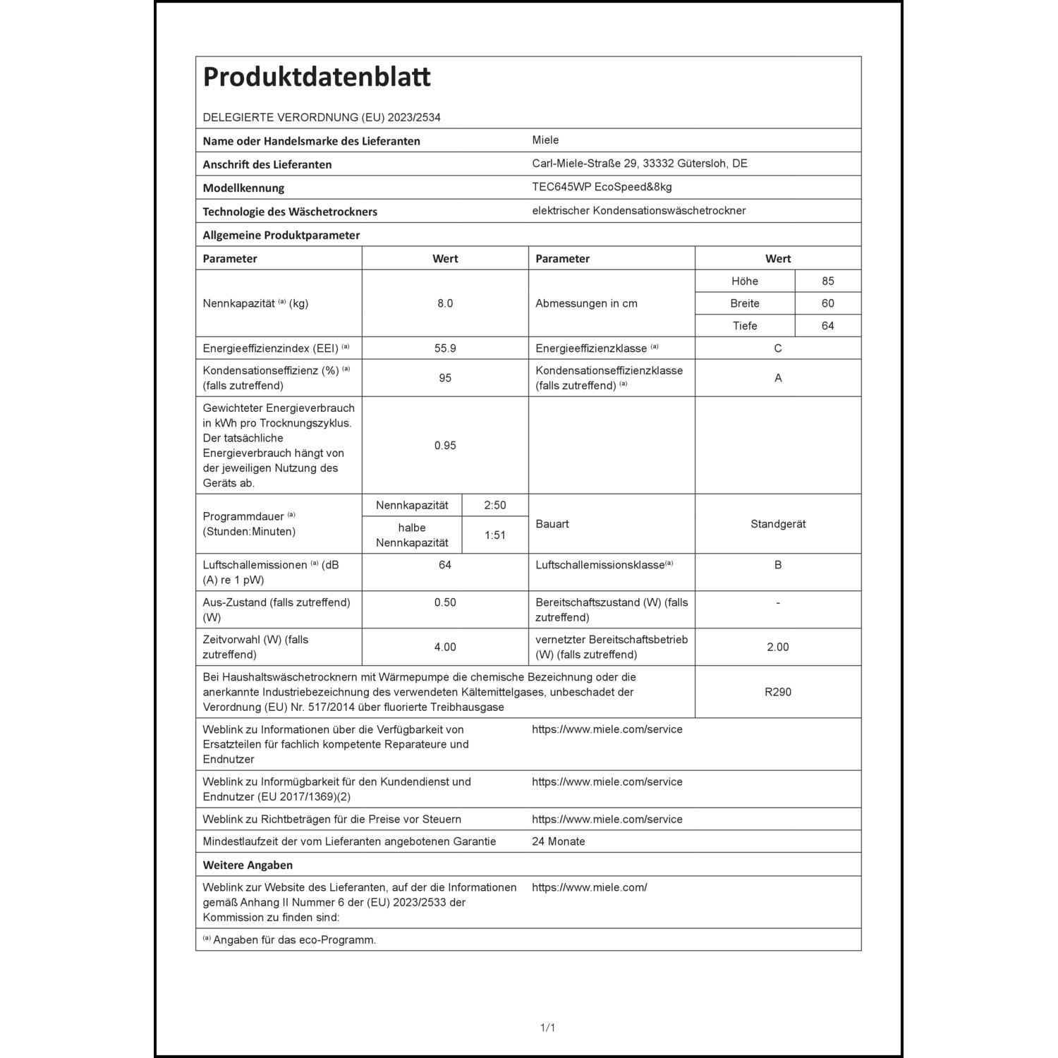 Produktdatenblatt für Energielabel