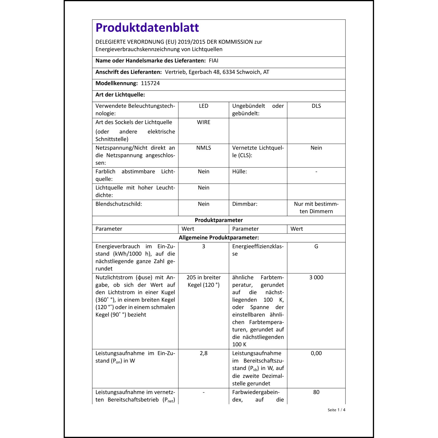 Produktdatenblatt für Energielabel