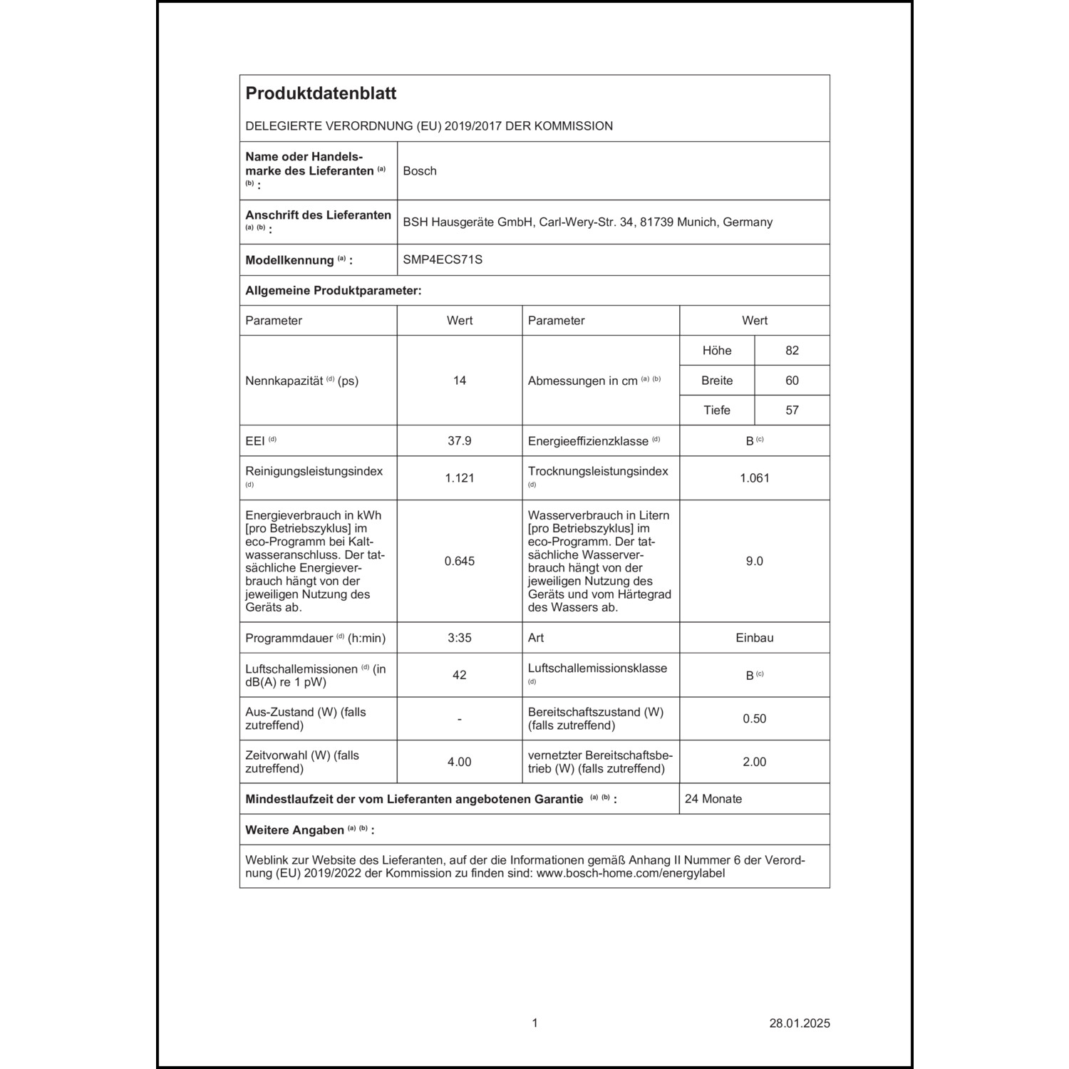 Produktdatenblatt für Energielabel