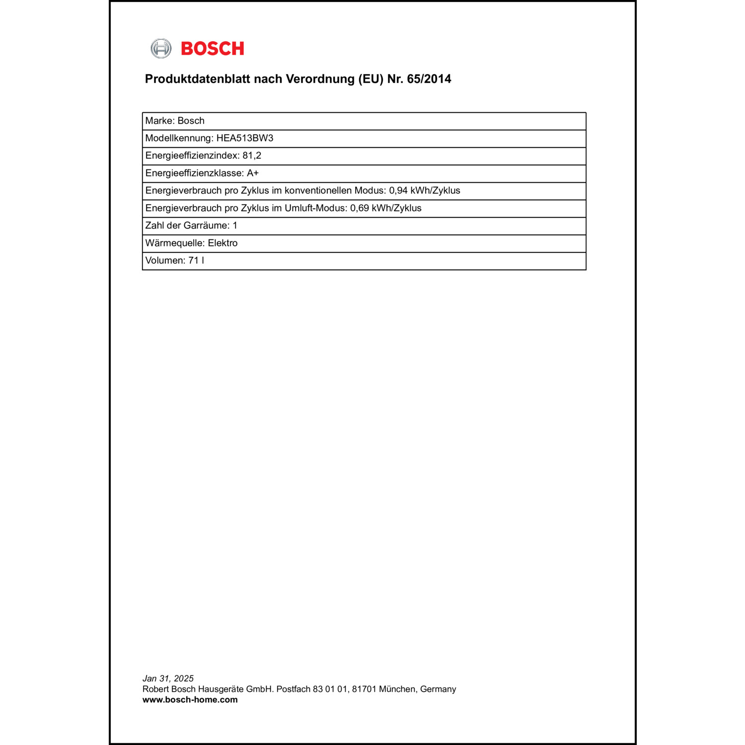 Produktdatenblatt für Energielabel