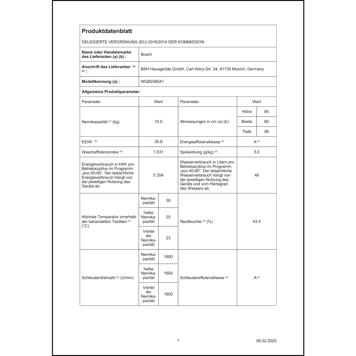 Produktdatenblatt für Energielabel