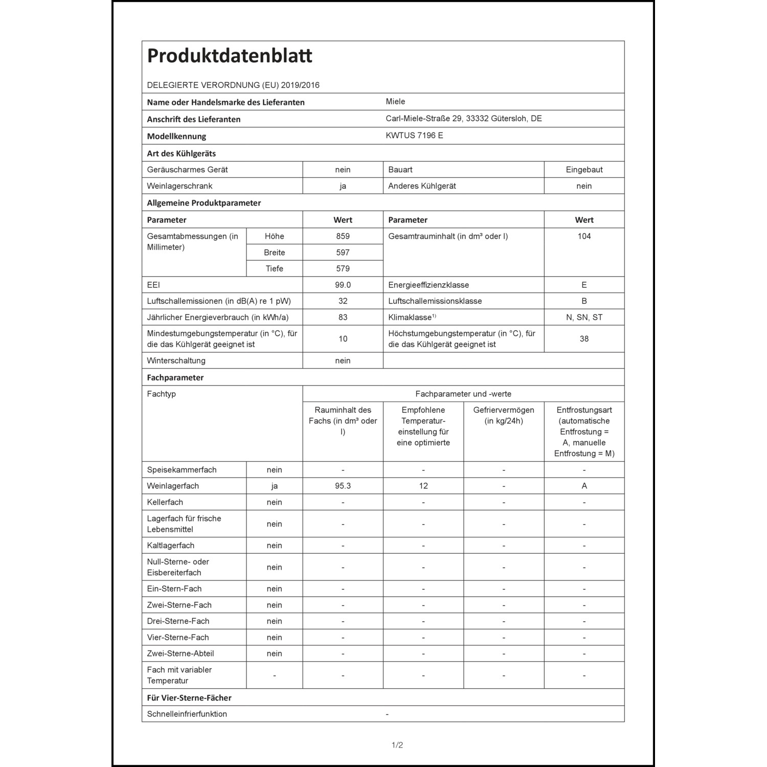 Produktdatenblatt für Energielabel