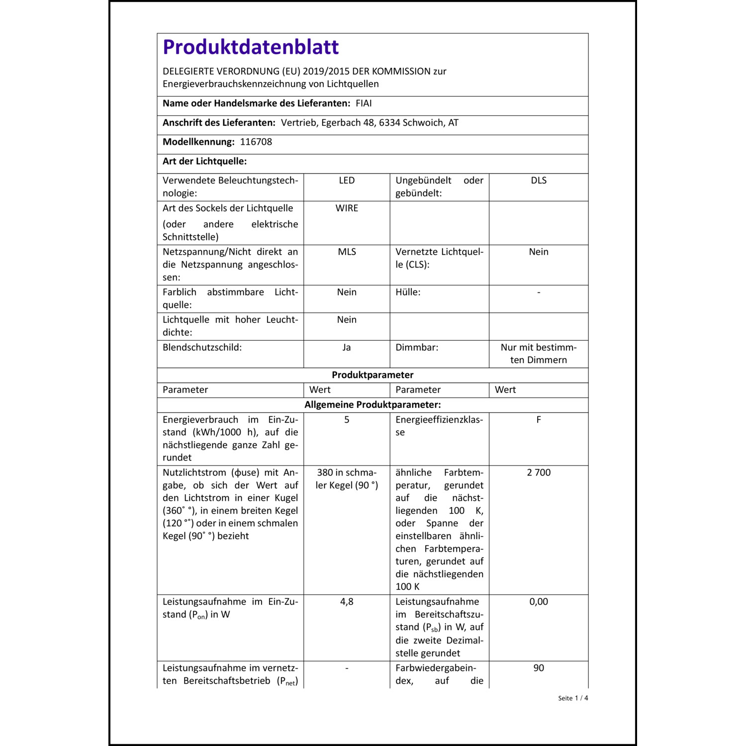 Produktdatenblatt für Energielabel