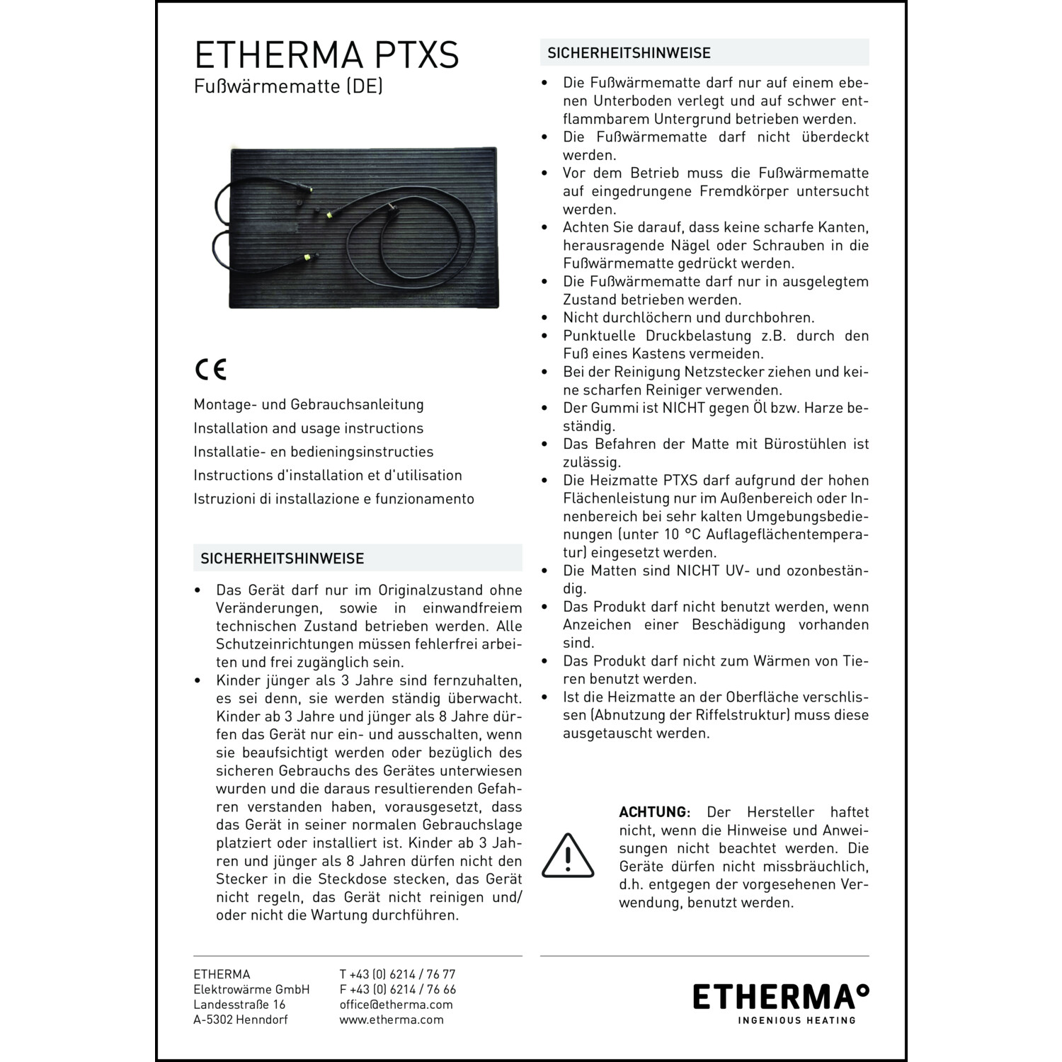 ETHERMA PTXS Infrarot Heizmatte 300 Watt 100cm x 60cm (L x B)