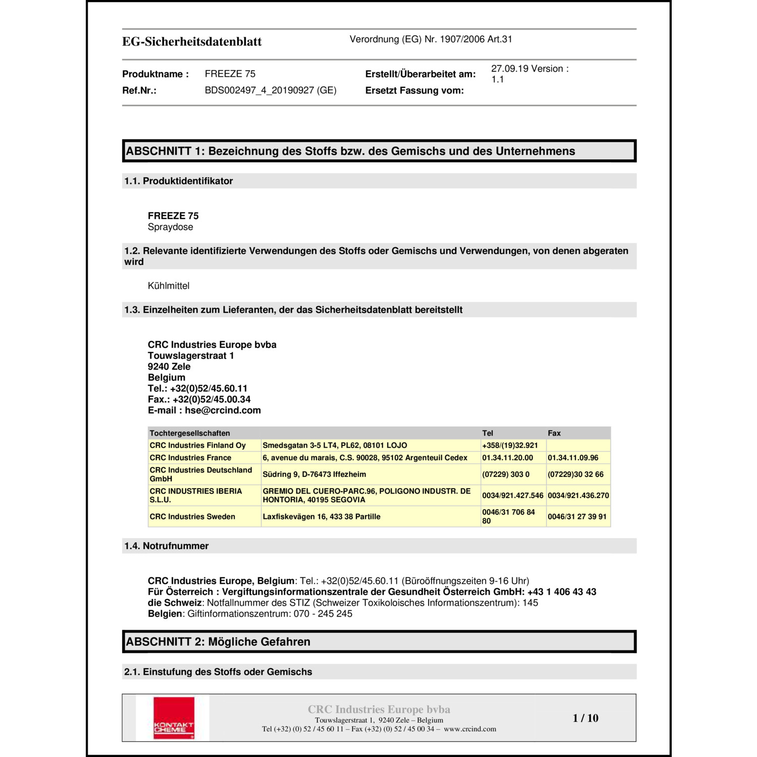 33168-CH Kontakt Chemie KÄLTE 75 Kältespray 200ml Spraydose - Alle Artikel