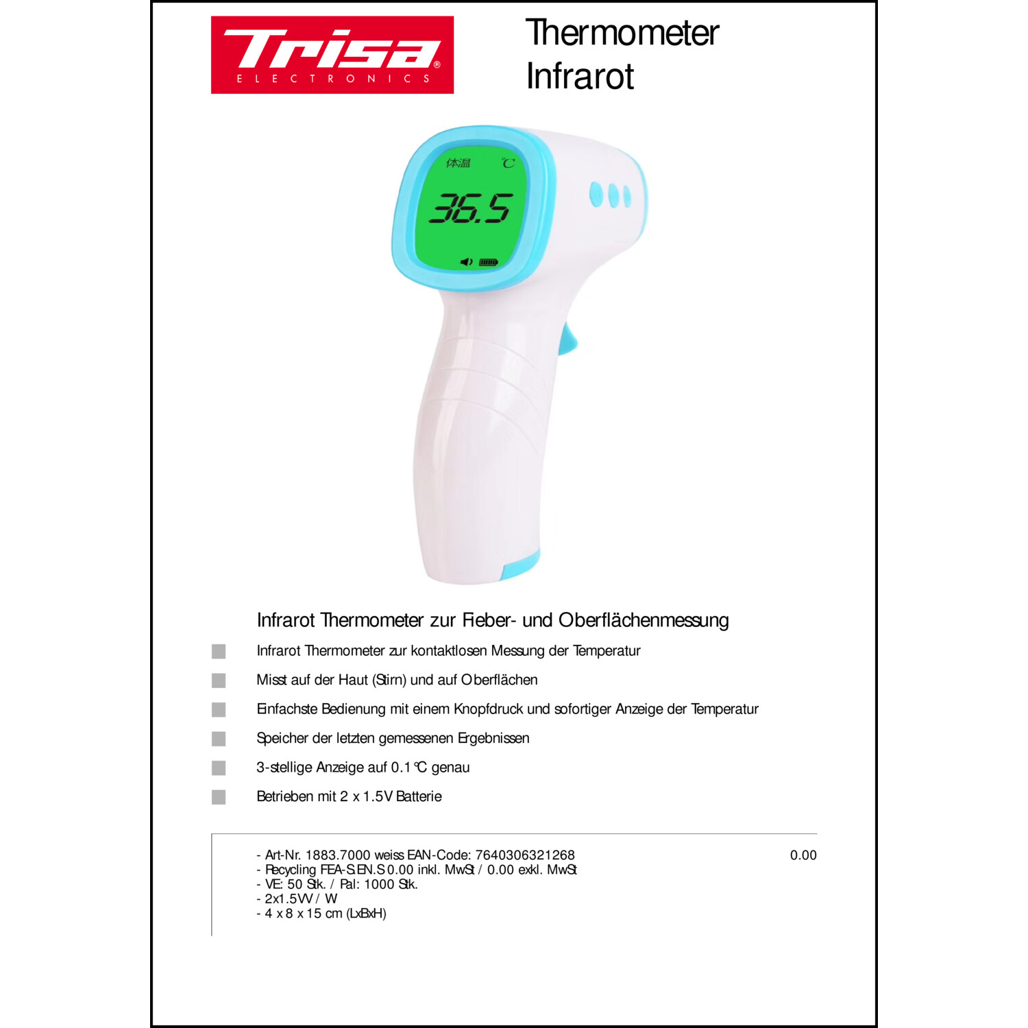 1883 7000 Trisa Kontaktloses Infrarot Fieber-Oberflächen Thermometer -  Fieberthermometer