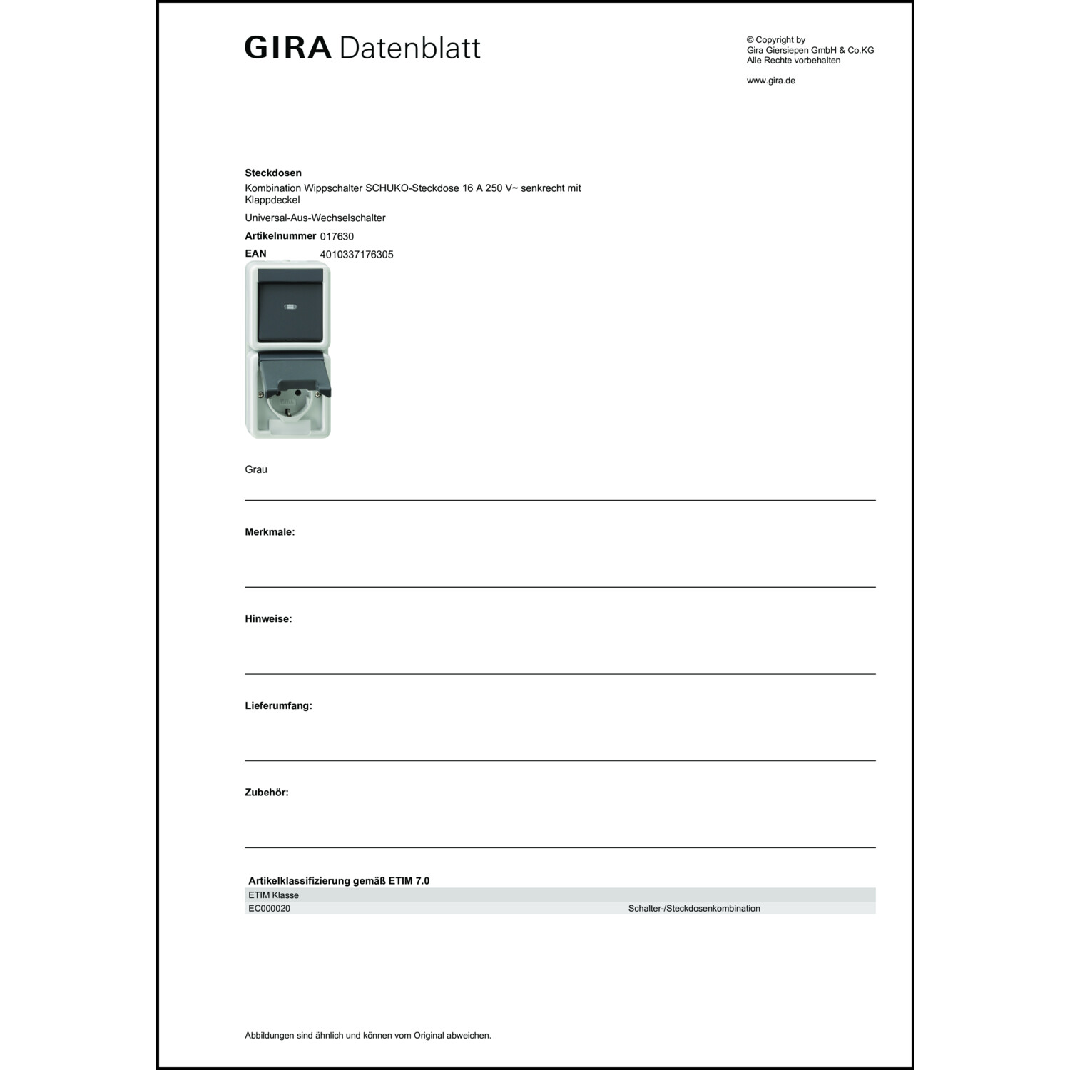 Gira 017630 Steckdose m.Wechselschalter grau WG AP IP44 Kombination senkrecht