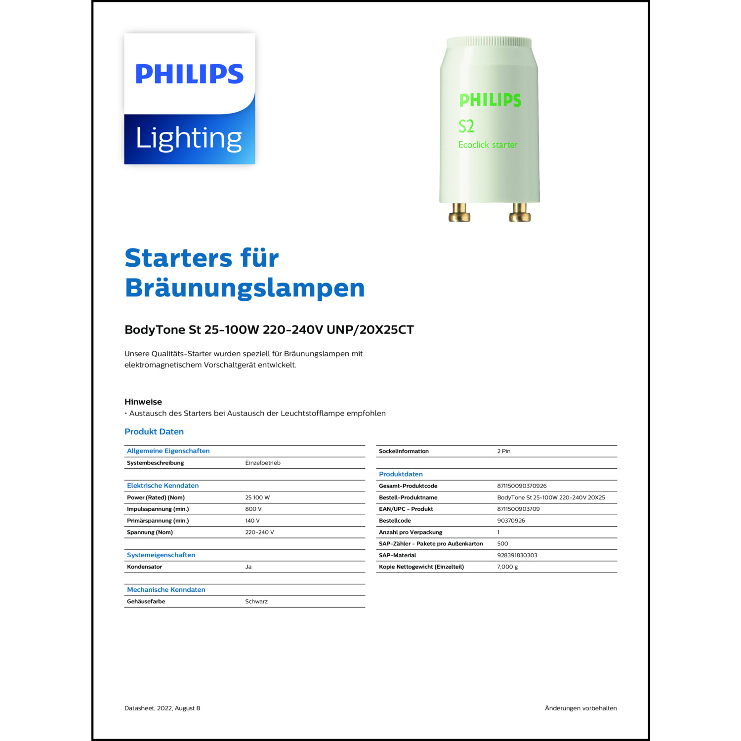 Philips Starter Body Tone  25-100Watt  Starter für Bräunungslampen 1 St 