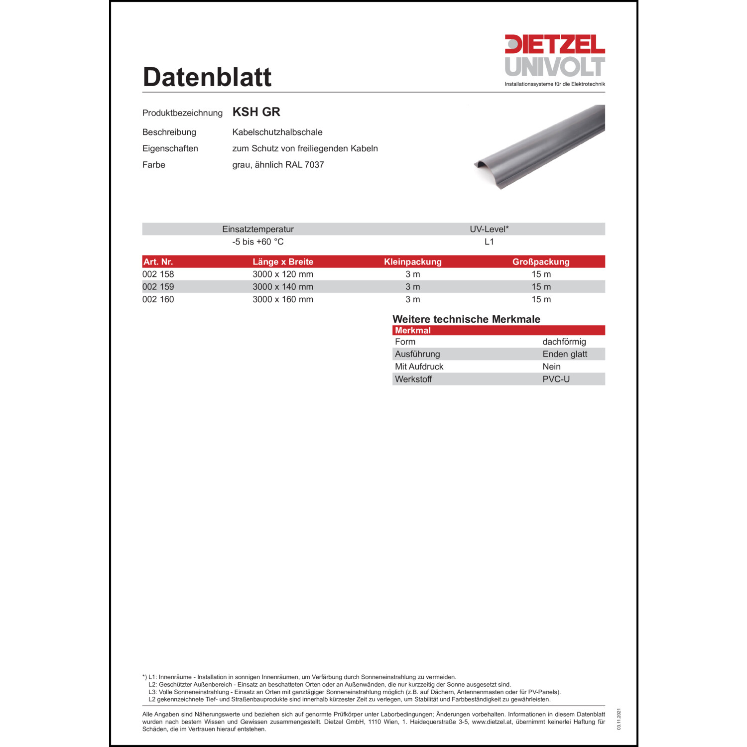 002159 Dietzel Kabelschutz-Halbschale KSH 100 grau Länge 3m