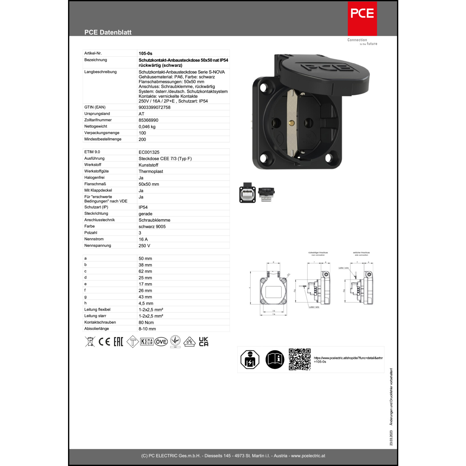 105-0s PC-Electric Maschinensteckdose schwarz - SCHUKO-Anbausteckdose