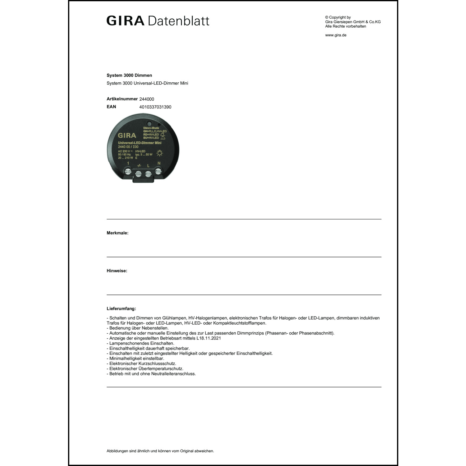 244000 Gira Dimmer System 3000 20-50W LED Unterputz Lichtwertspeicher 