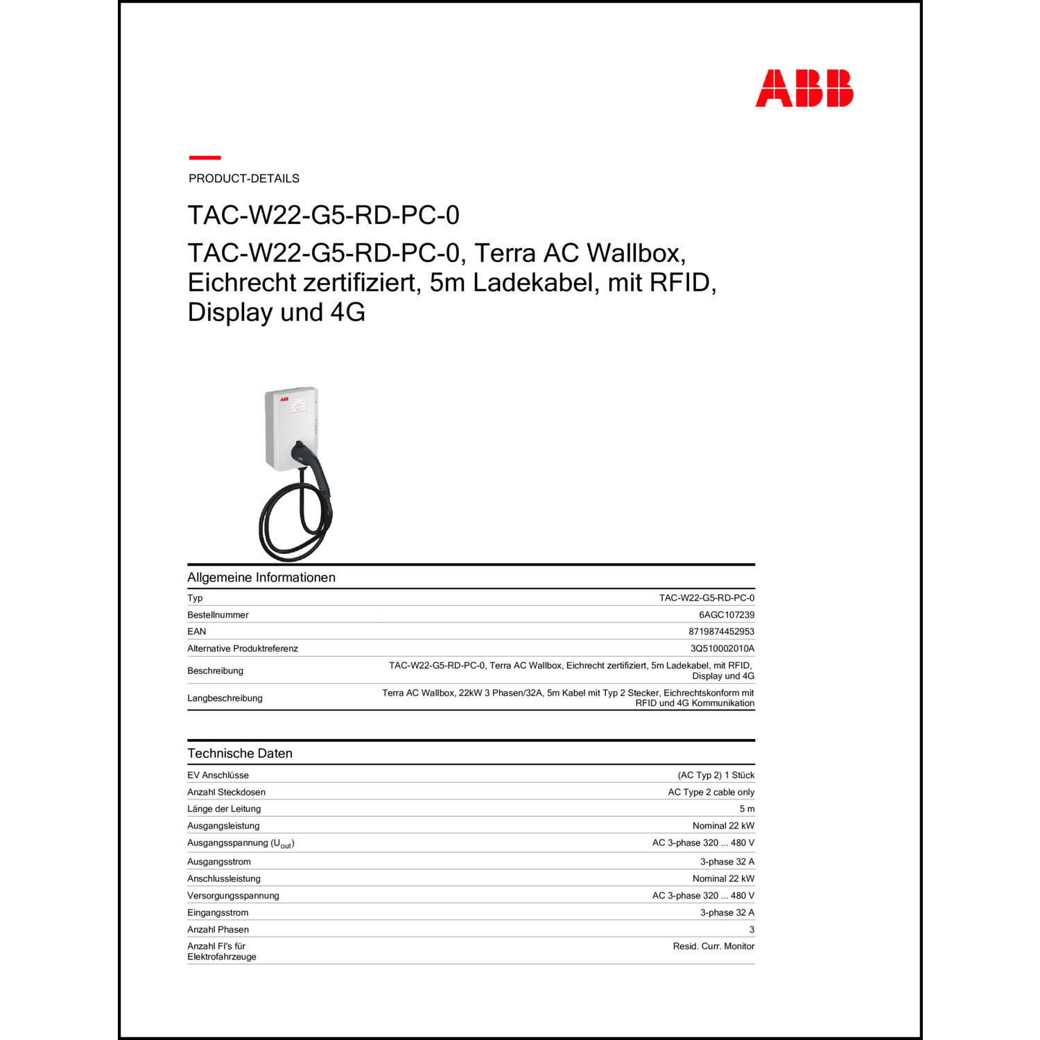 6AGC107239 ABB TAC-W22-G5-RD-PC-0 Kabel Terra AC Wandladestation