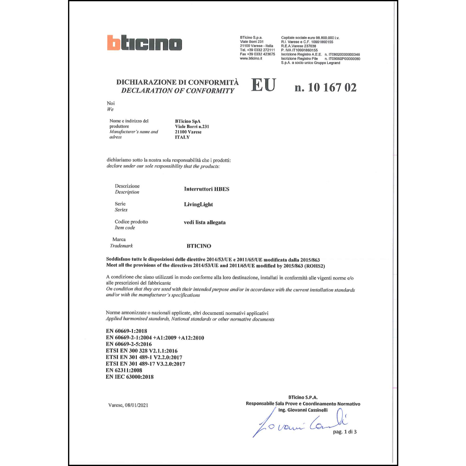 CoC-Erklärung (Certificate of Conformity, benötigt für CPR)