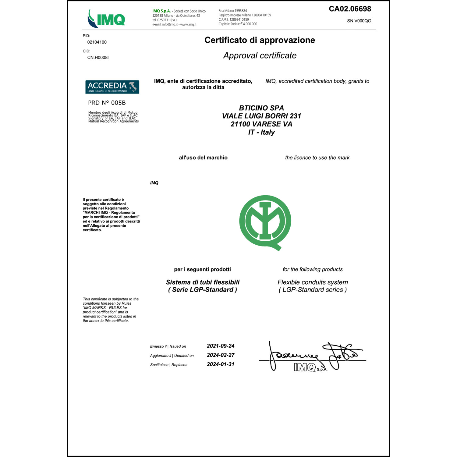 CoC-Erklärung (Certificate of Conformity, benötigt für CPR)